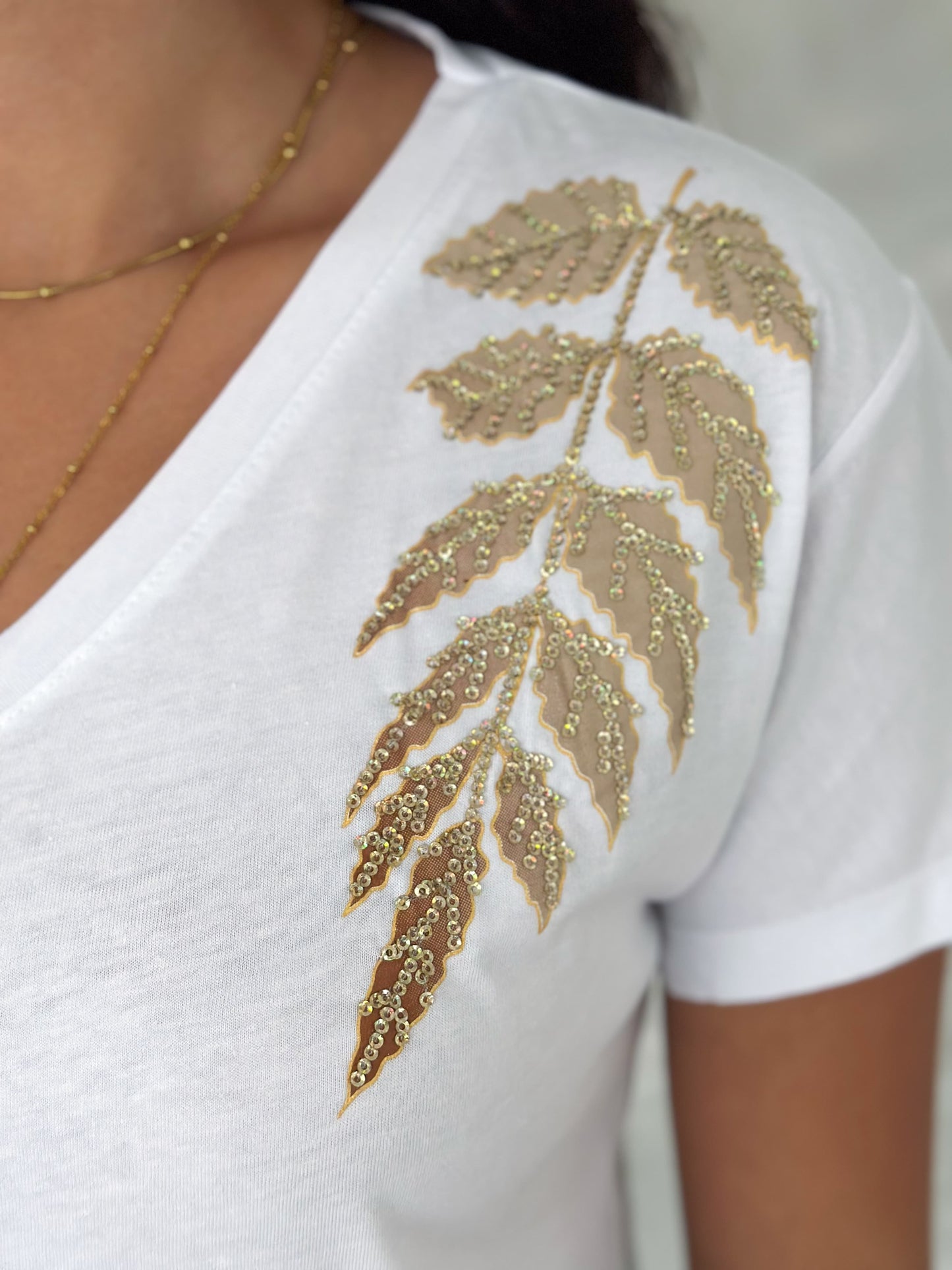 Tilda White Gold Leaf Sequin Cotton Short Sleeve T-Shirt