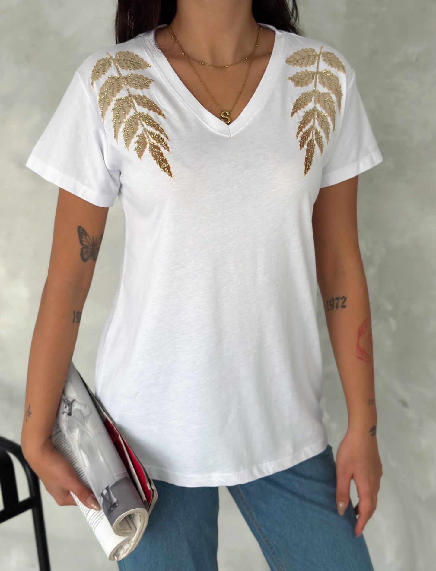Tilda White Gold Leaf Sequin Cotton Short Sleeve T-Shirt