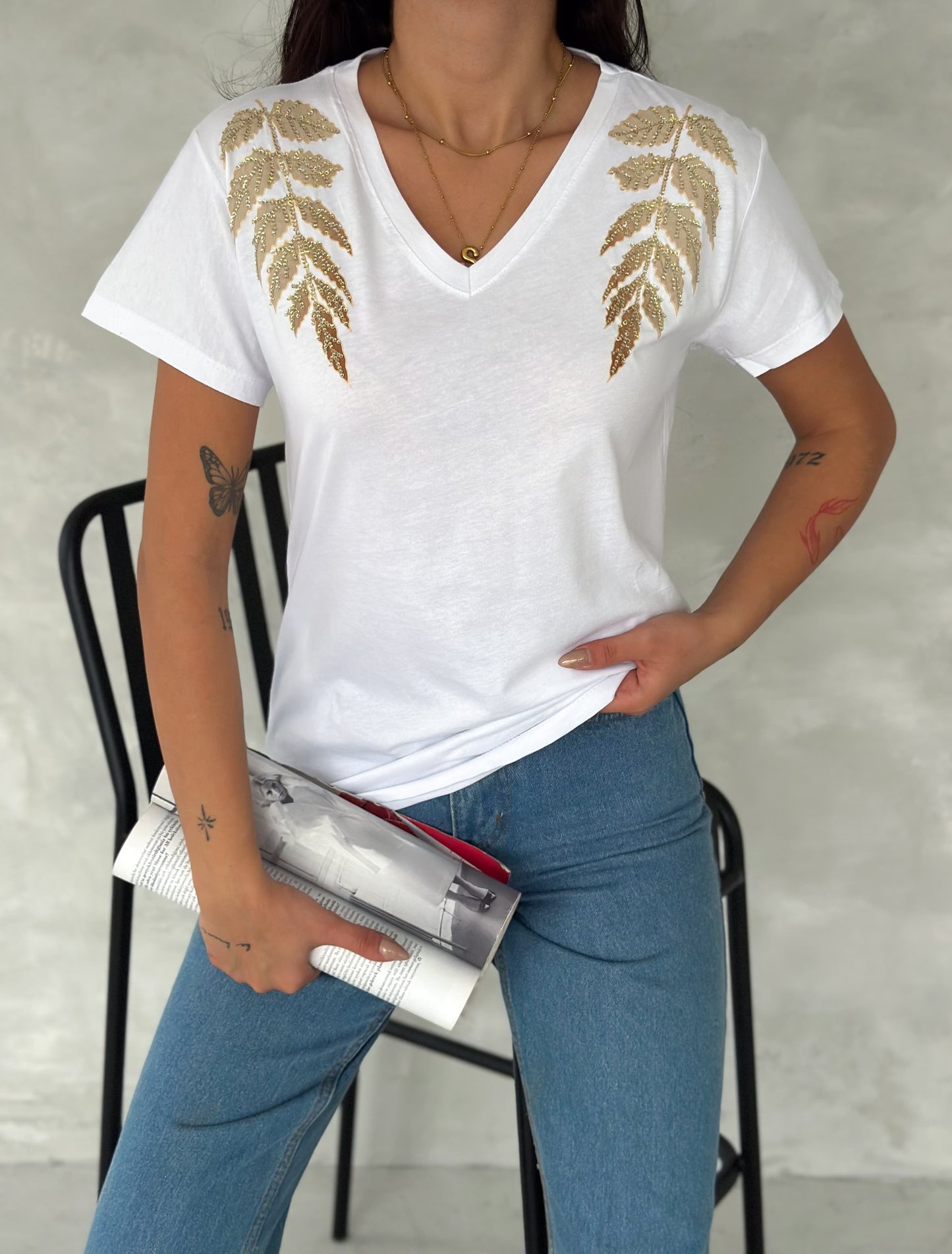Tilda White Gold Leaf Sequin Cotton Short Sleeve T-Shirt