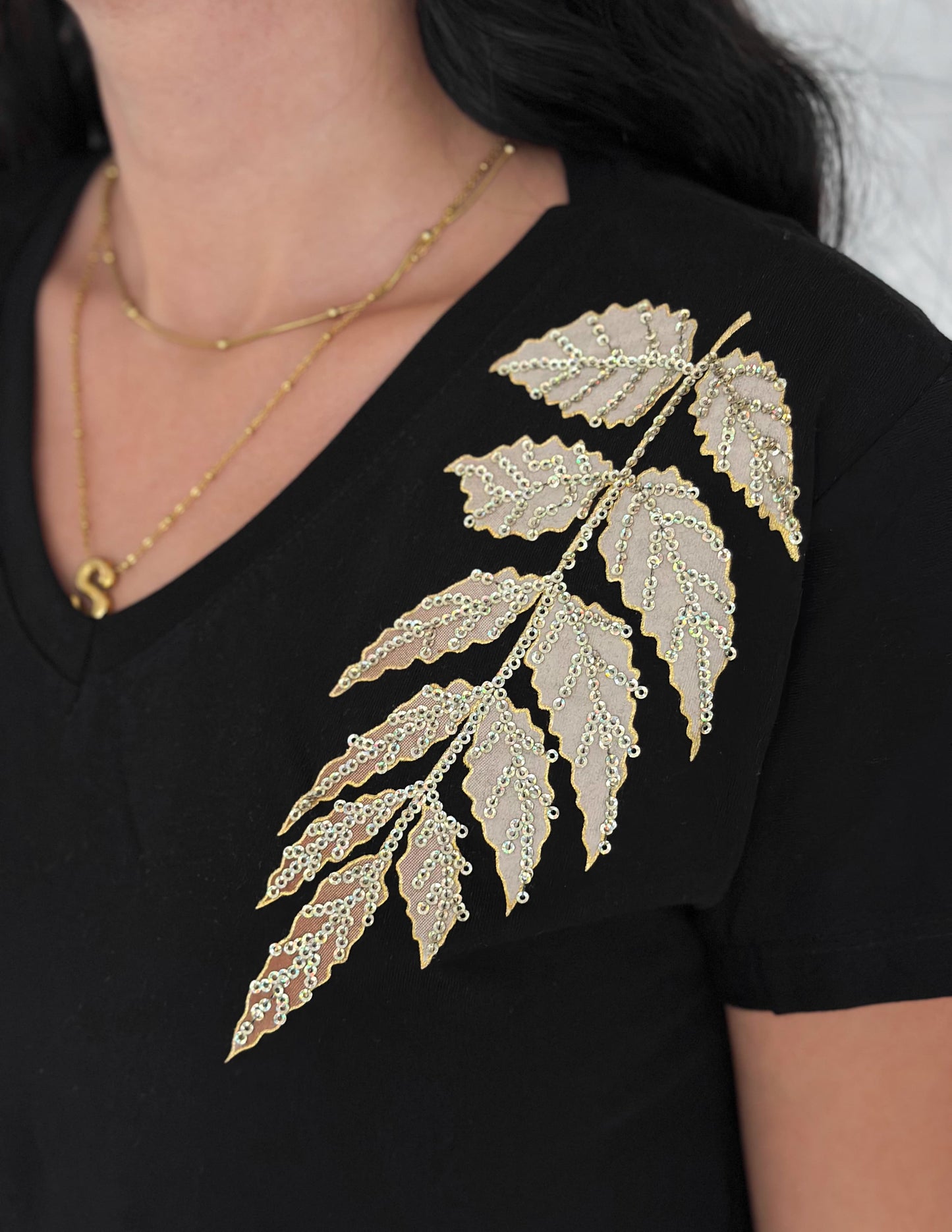 Tilda Black Gold Leaf Sequin Cotton Short Sleeve T-Shirt