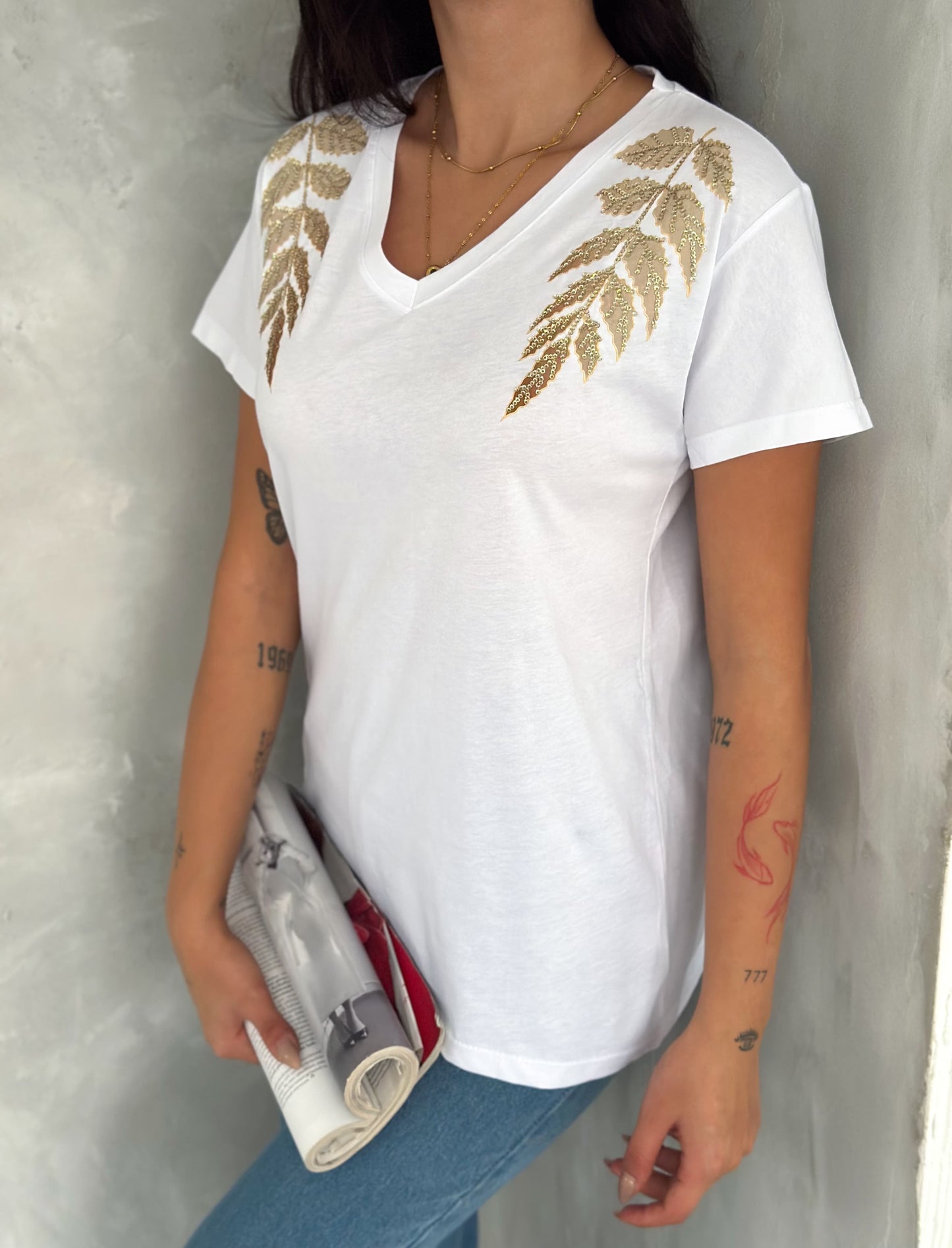 Tilda White Gold Leaf Sequin Cotton Short Sleeve T-Shirt
