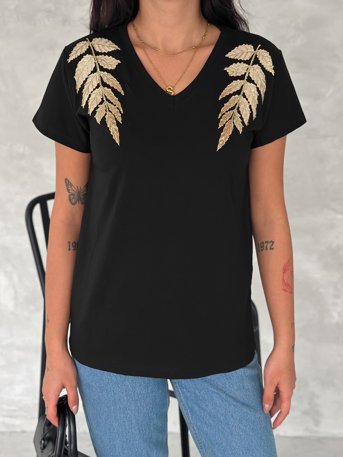 Tilda Black Gold Leaf Sequin Cotton Short Sleeve T-Shirt