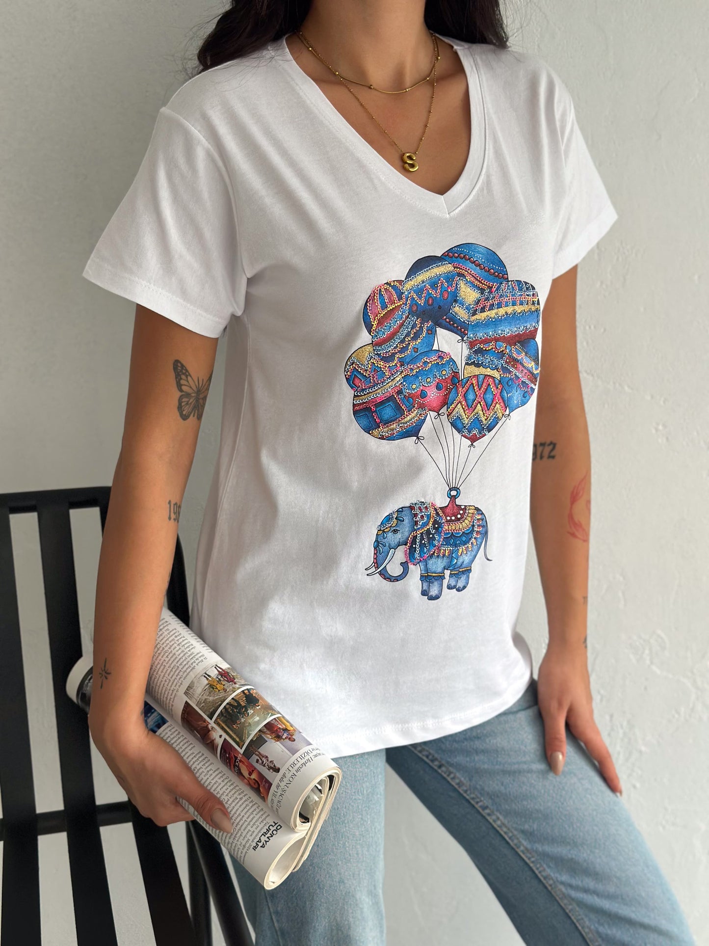 Tilda White Elephant Balloon Sequin Cotton Short Sleeve T-Shirt