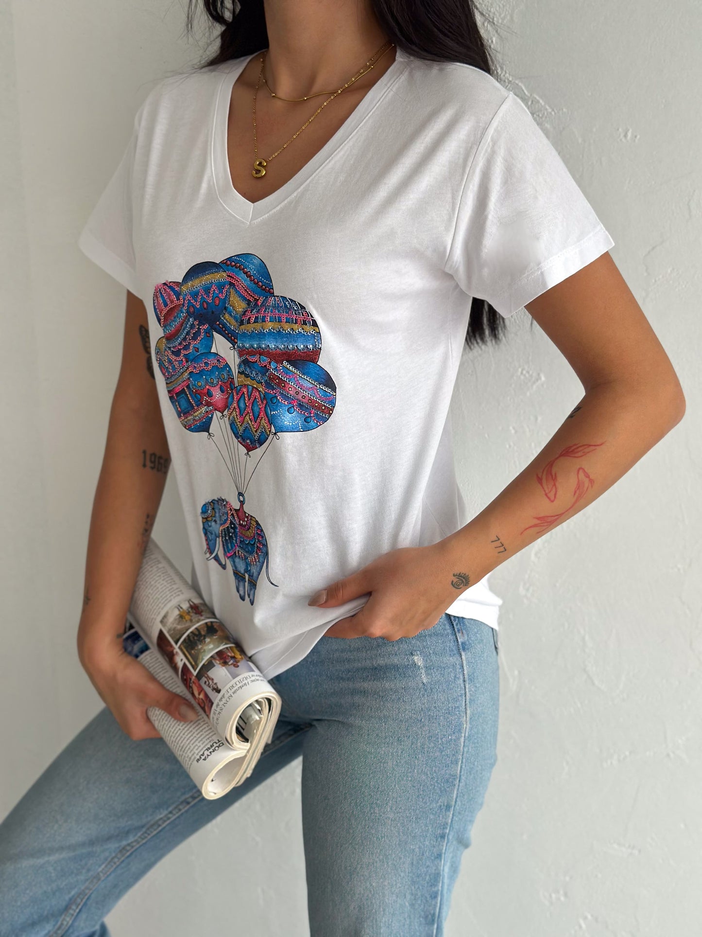 Tilda White Elephant Balloon Sequin Cotton Short Sleeve T-Shirt