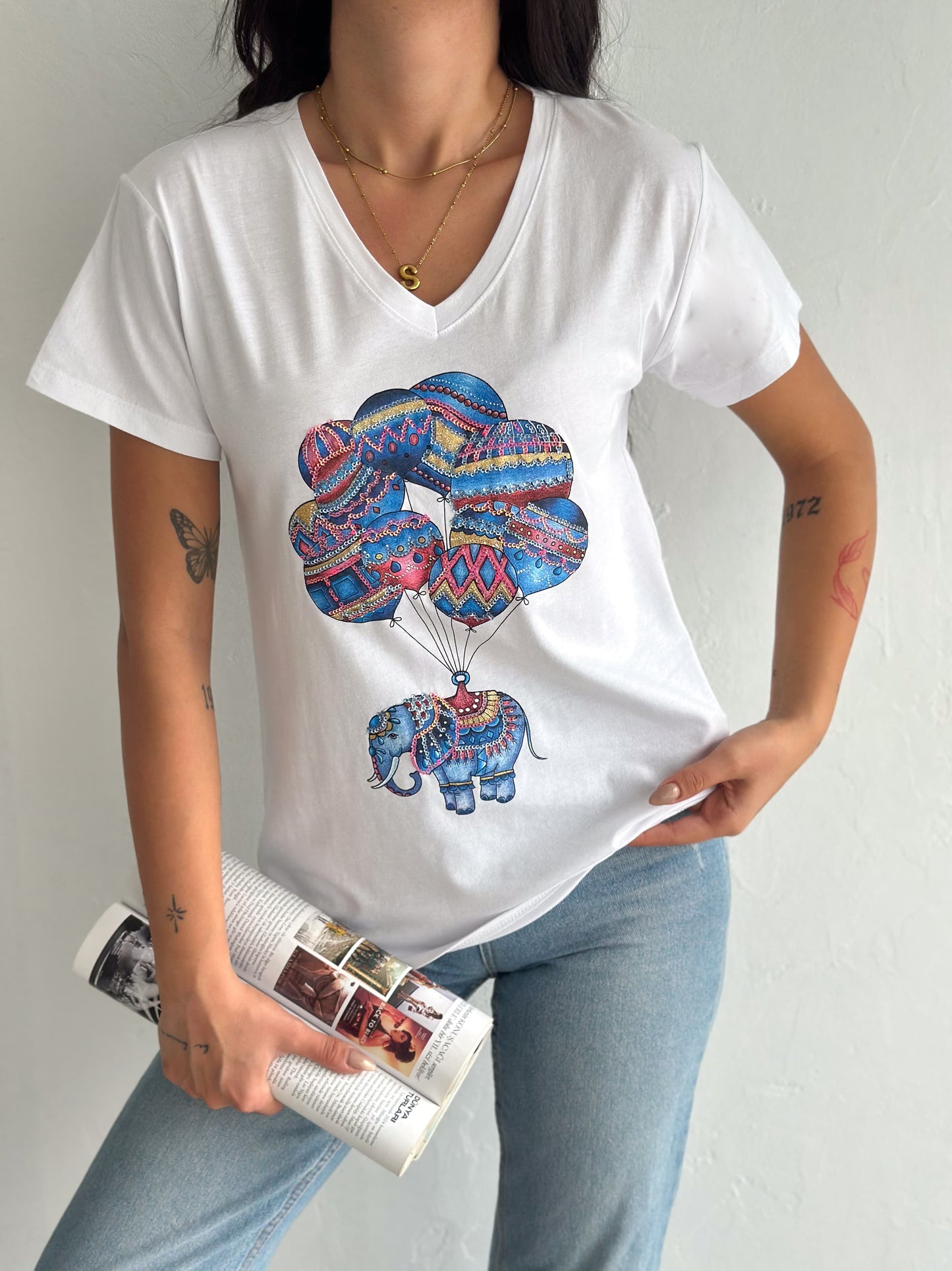 Tilda White Elephant Balloon Sequin Cotton Short Sleeve T-Shirt