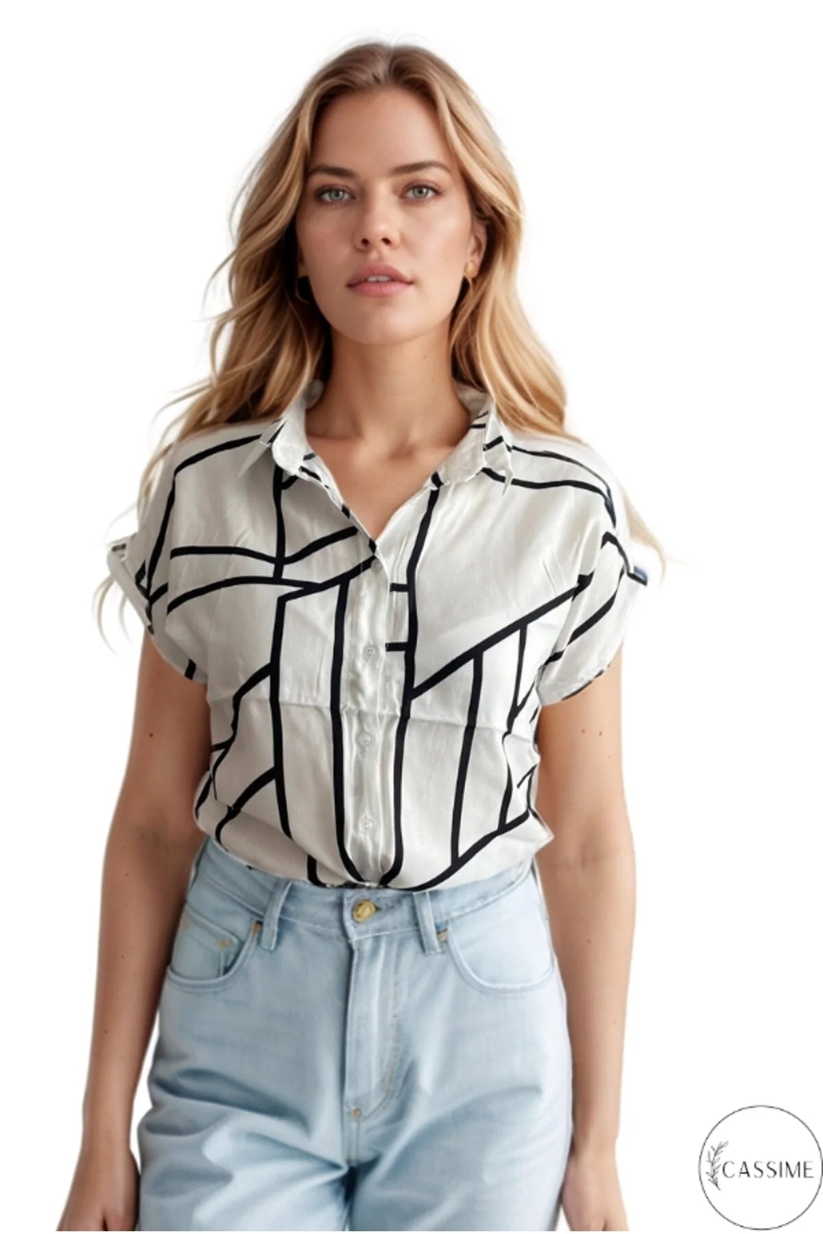 Kuş Baskılı Kısa Kollu Bluz