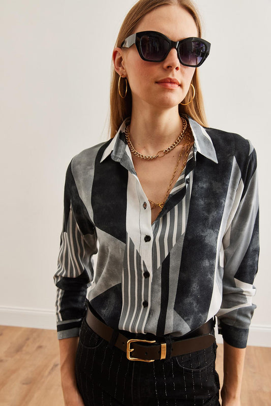 Black Gray Geometric Designer Button-Down Shirt