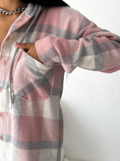 Harper Soft Pink Cotton Plaid Shacket with Hoodie