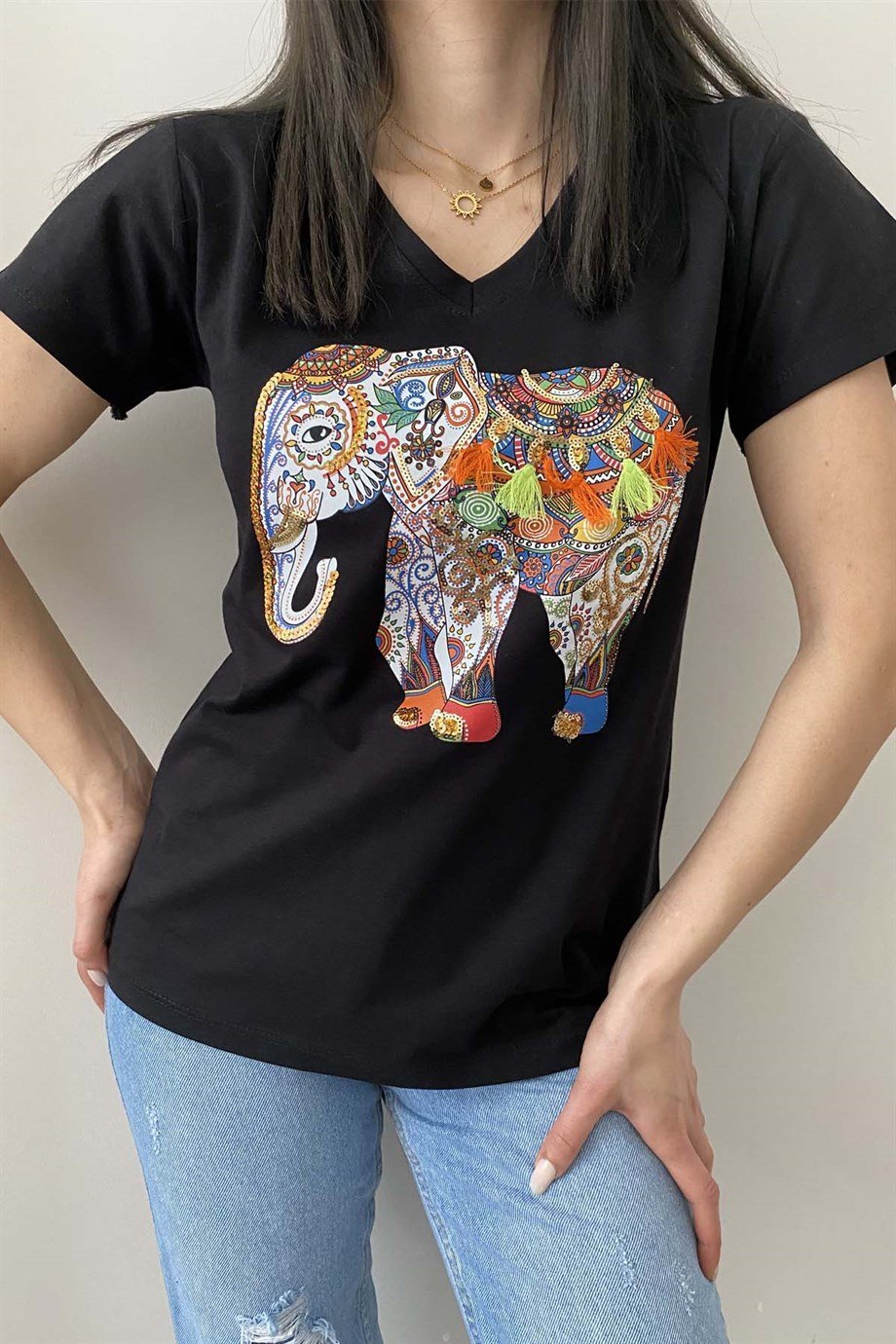 Camiseta de algodón Tilda con lentejuelas, diseño floral en negro y azul