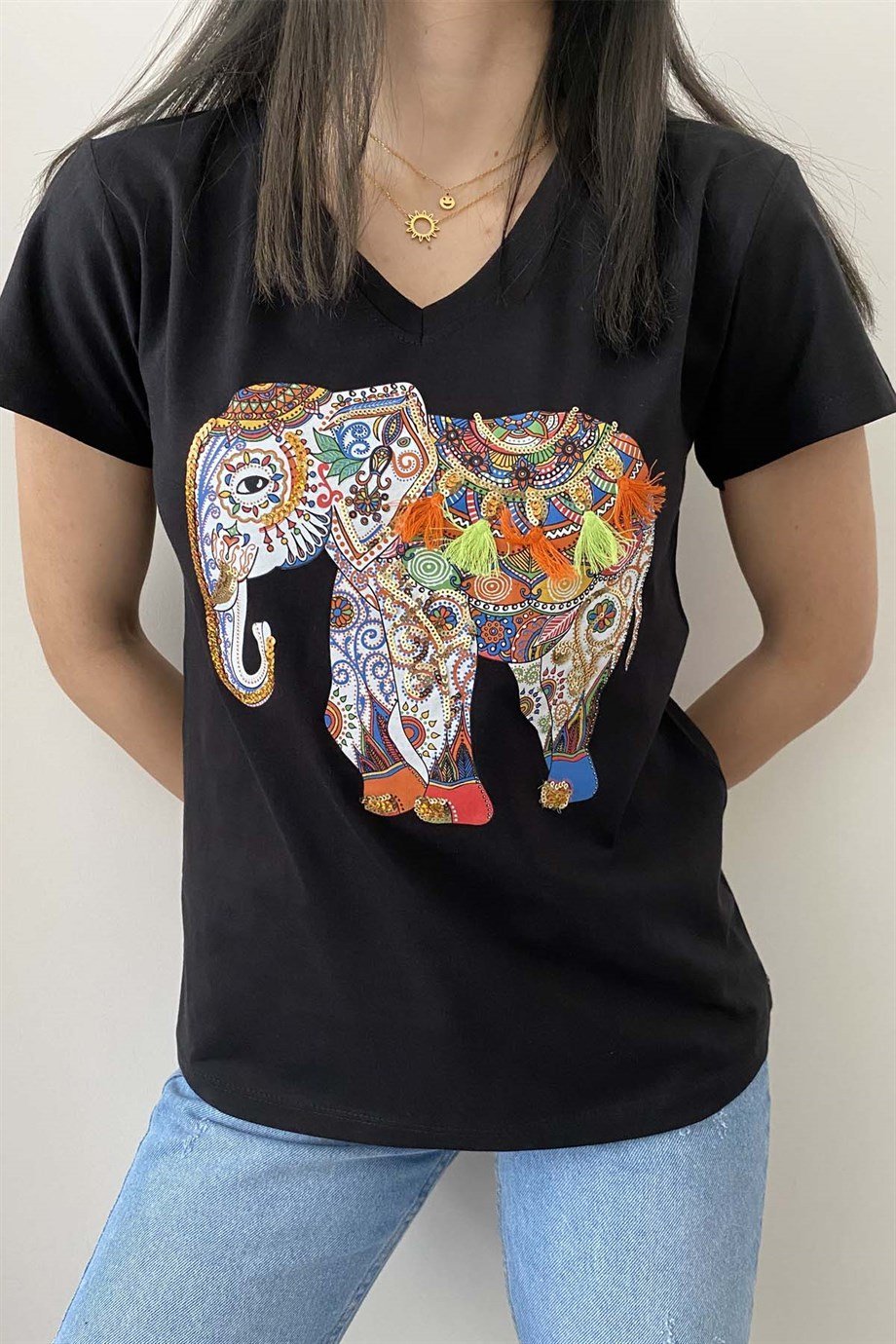 Camiseta de algodón Tilda con lentejuelas, diseño floral en negro y azul