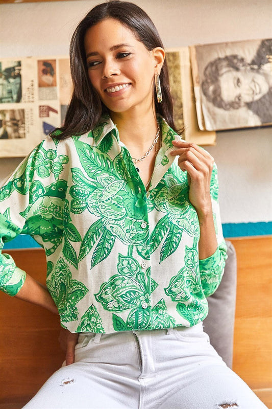 Πράσινο πουκάμισο Lola Big Floral με κουμπιά και σχέδιο από λινό μείγμα σχεδιαστών