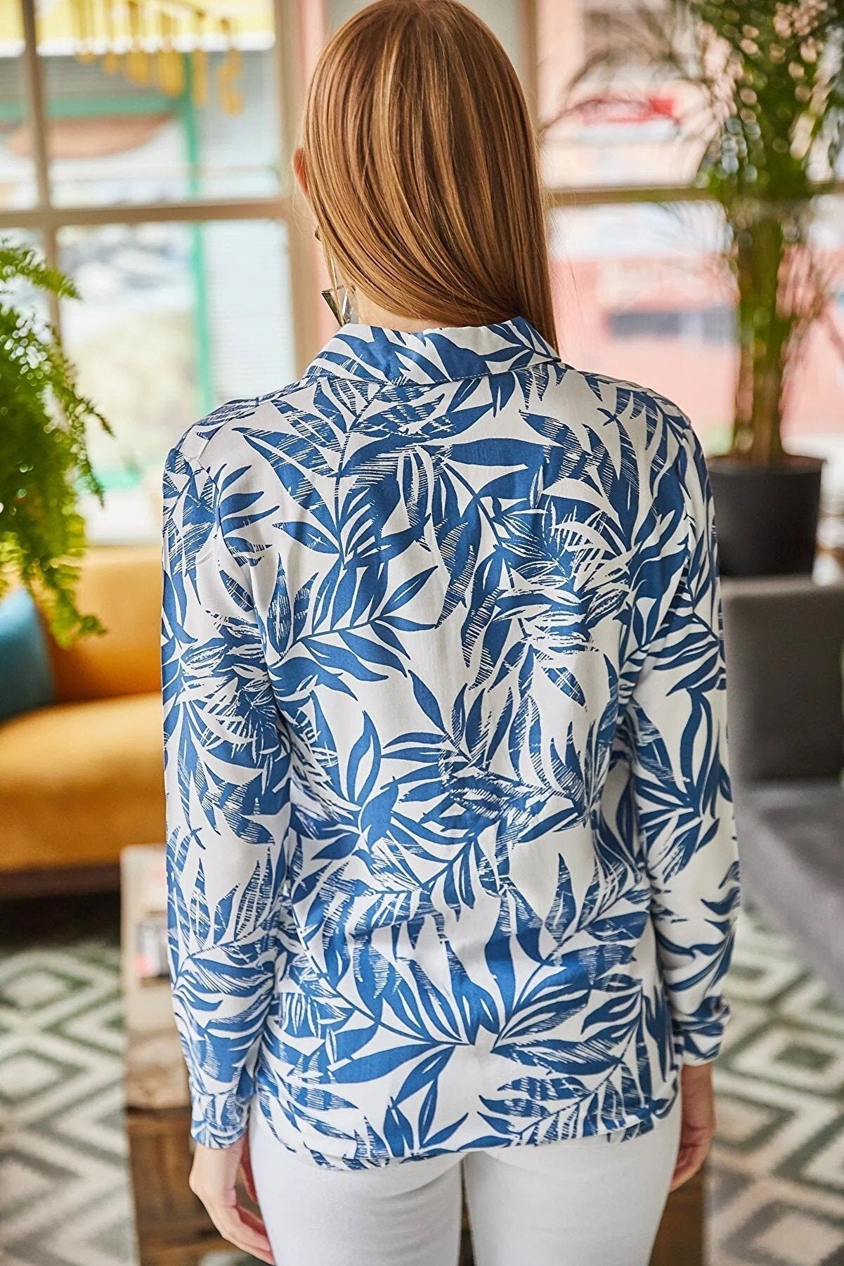 Sophia Blue Leaf Print Button Down Shirt
