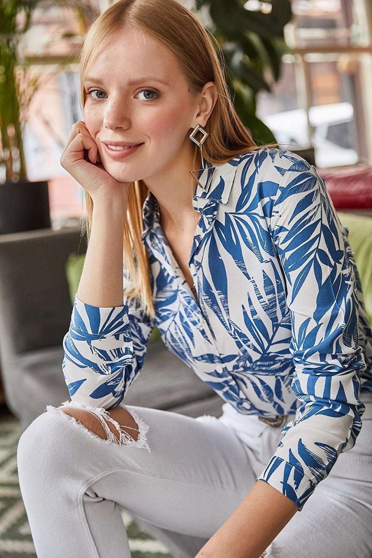 Sophia Blue Leaf Print Button Down Shirt