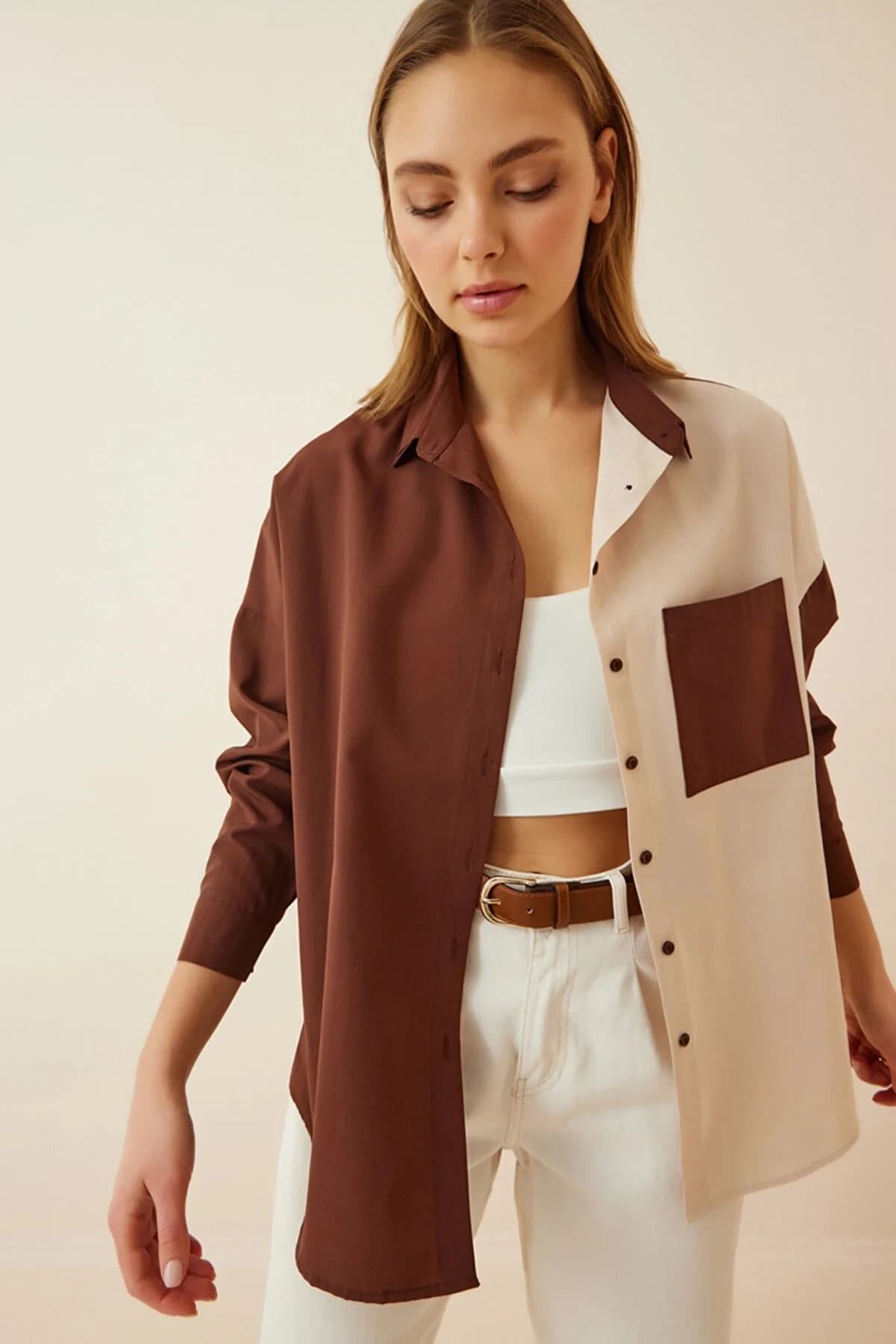 Colorblock Cotton Blend Button-Down Shirt