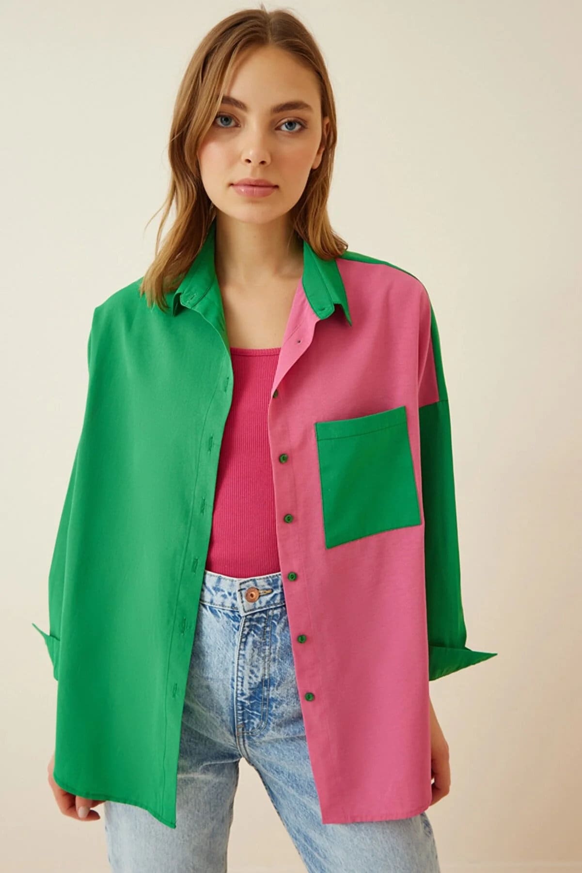 Colorblock Cotton Blend Button-Down Shirt