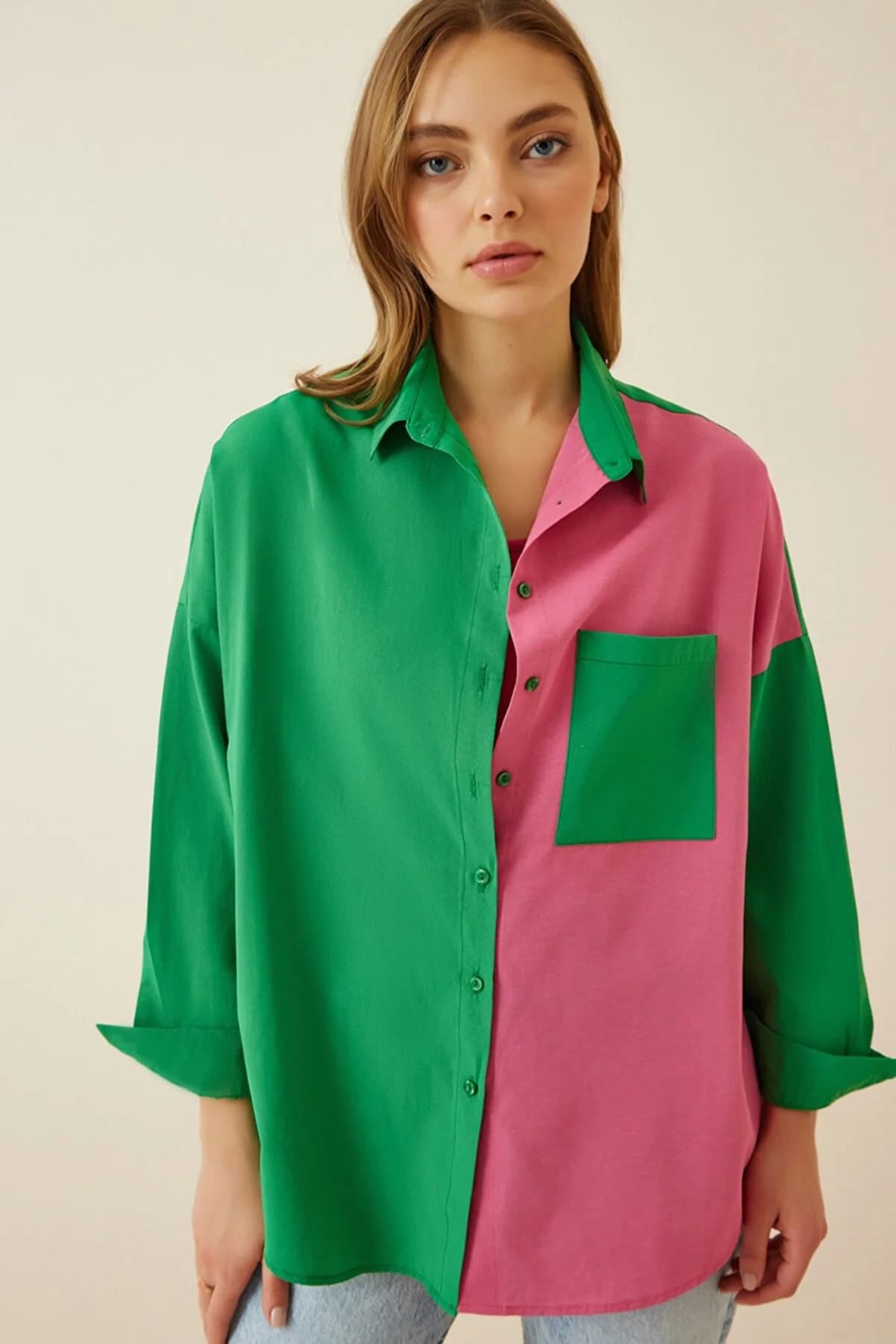 Colorblock Cotton Blend Button-Down Shirt