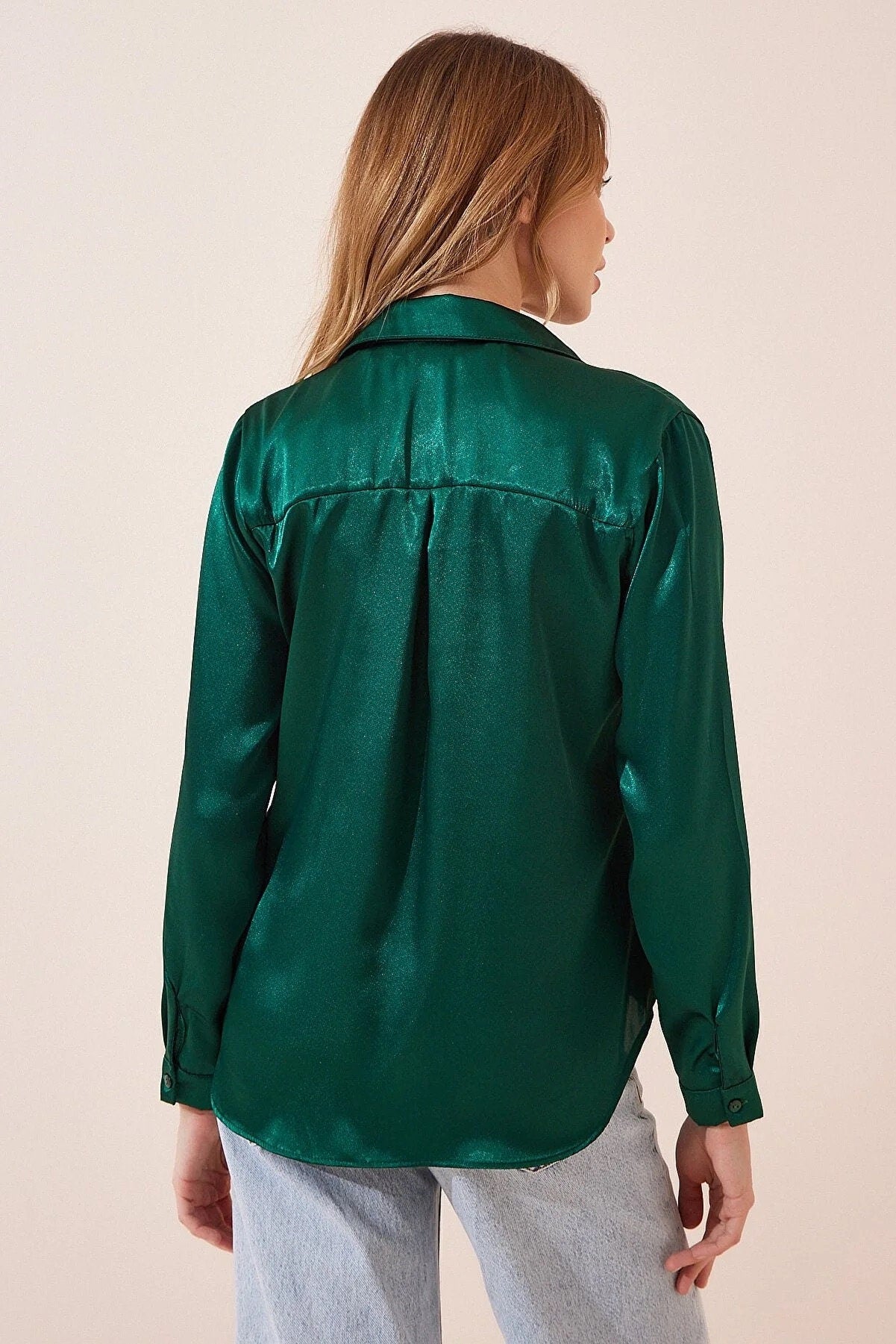 Belinda Emerald Green Satin  Button-Down Shirt