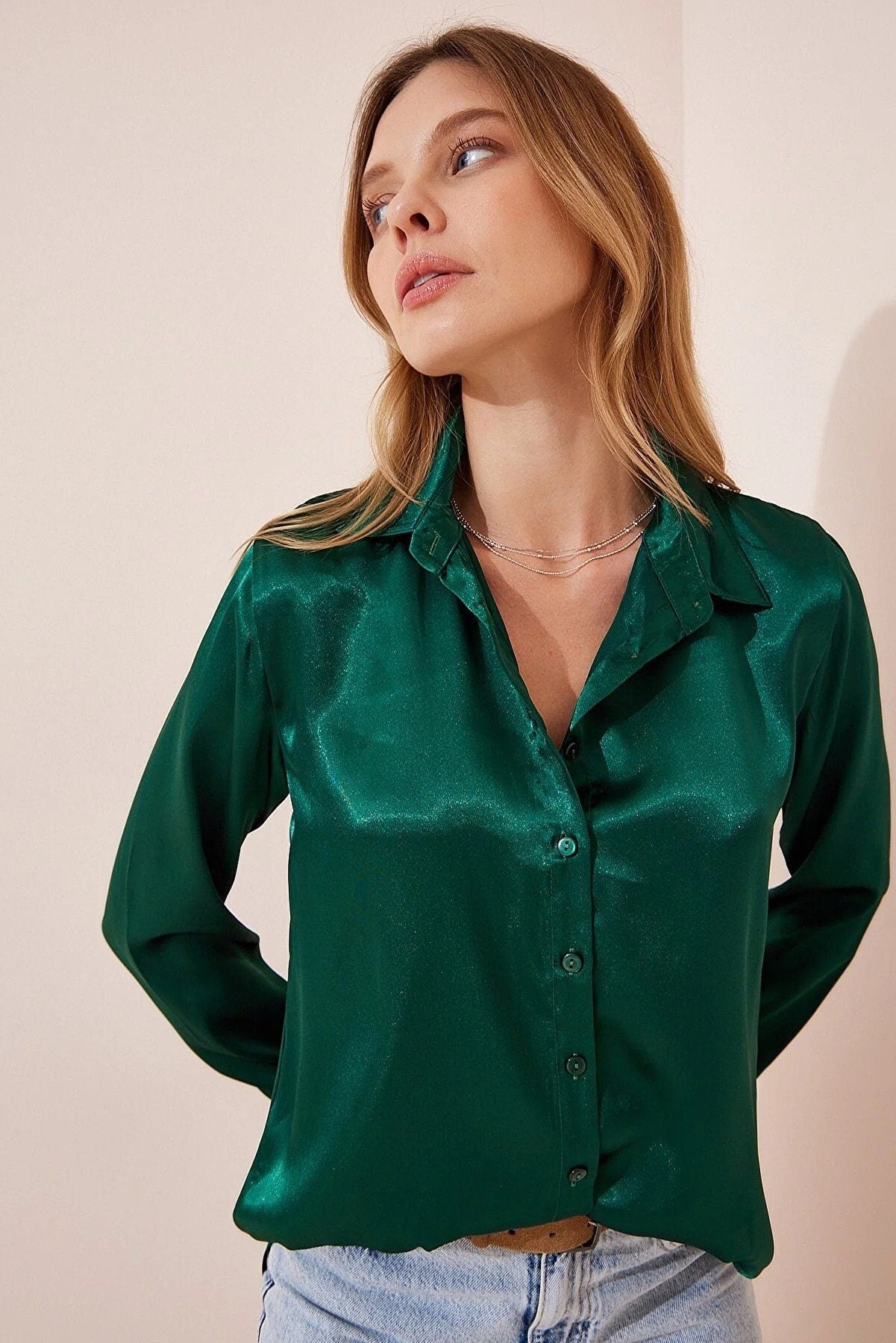 Belinda Emerald Green Satin  Button-Down Shirt