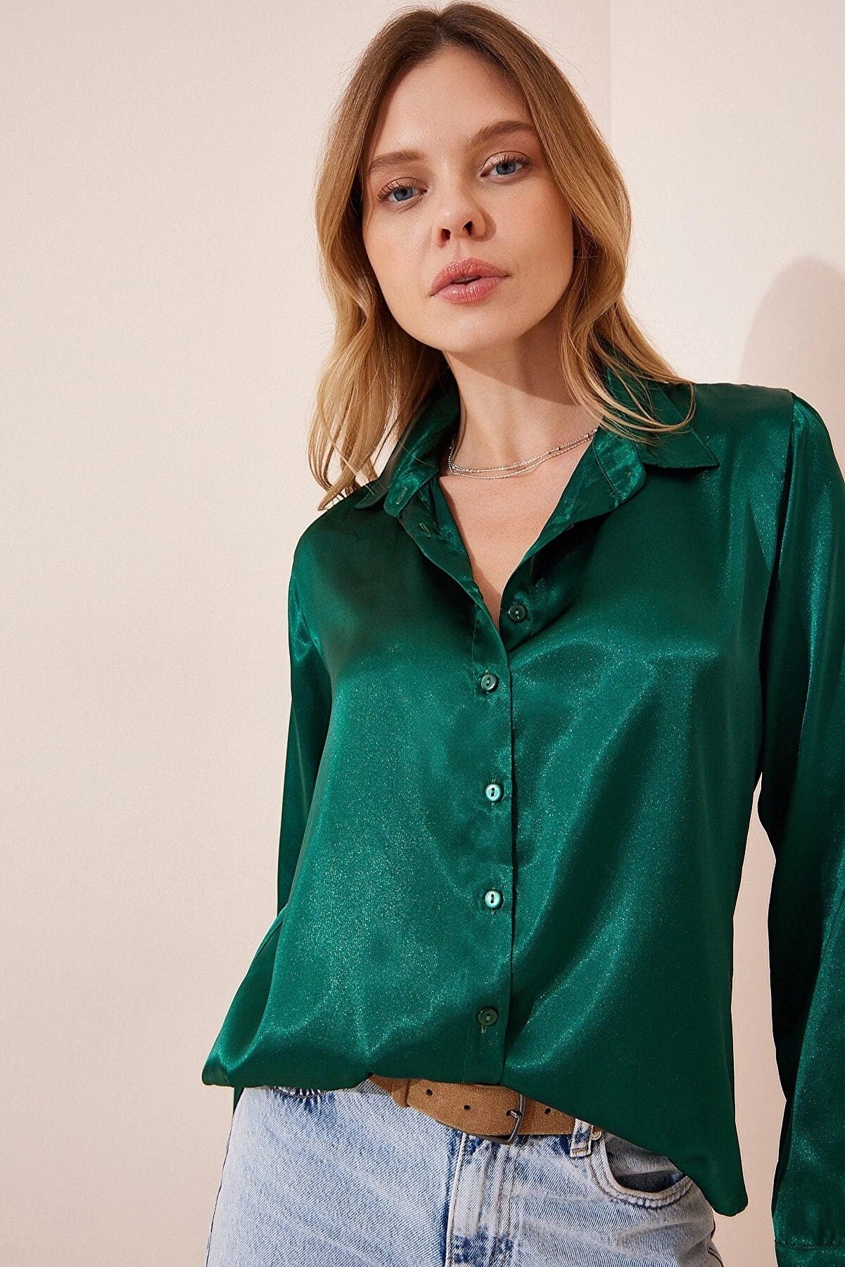 Belinda Emerald Green Satin  Button-Down Shirt
