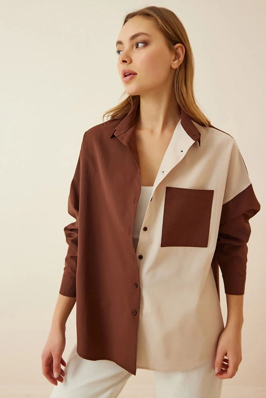 Colorblock Cotton Blend Button-Down Shirt