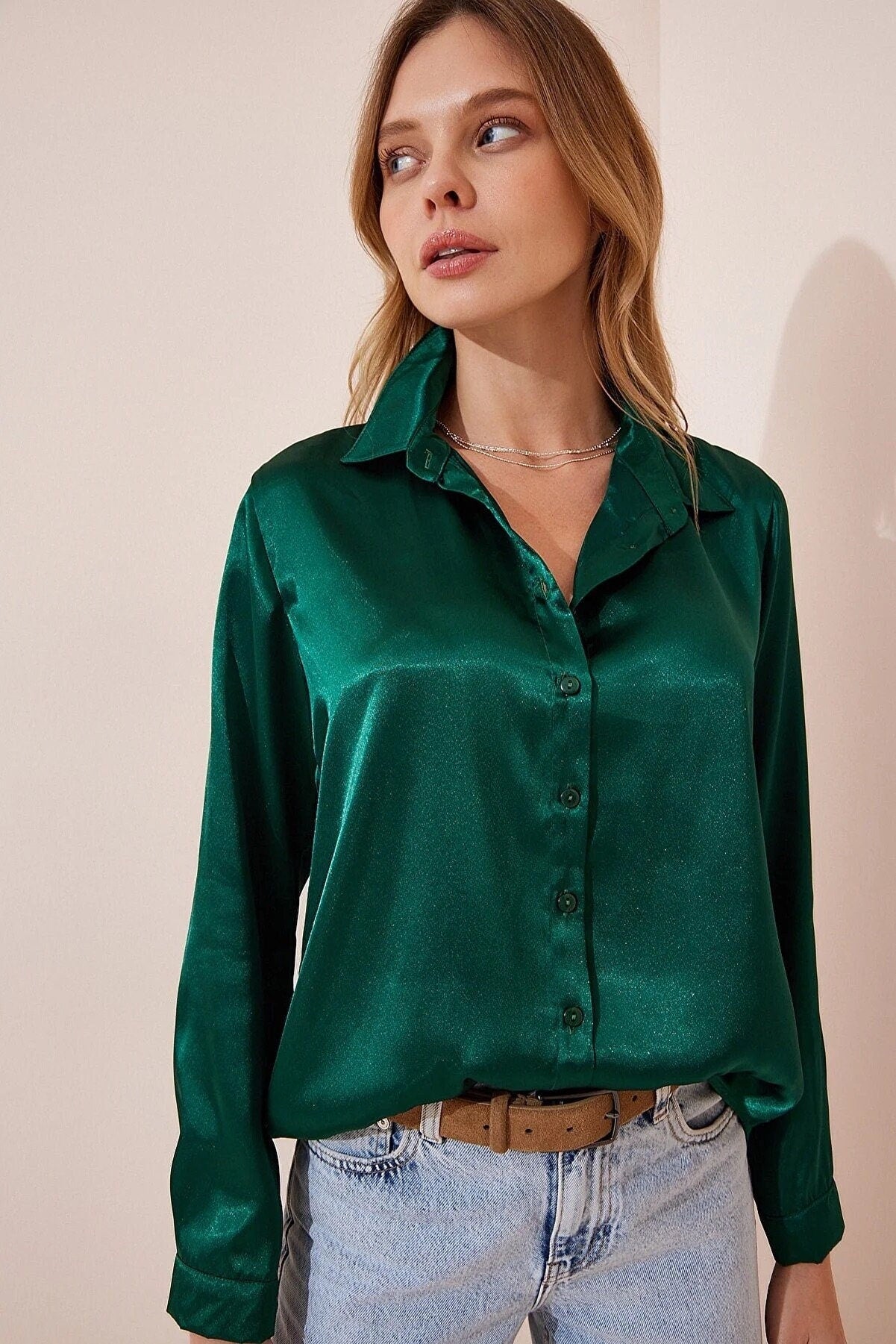 Belinda Emerald Green Satin  Button-Down Shirt