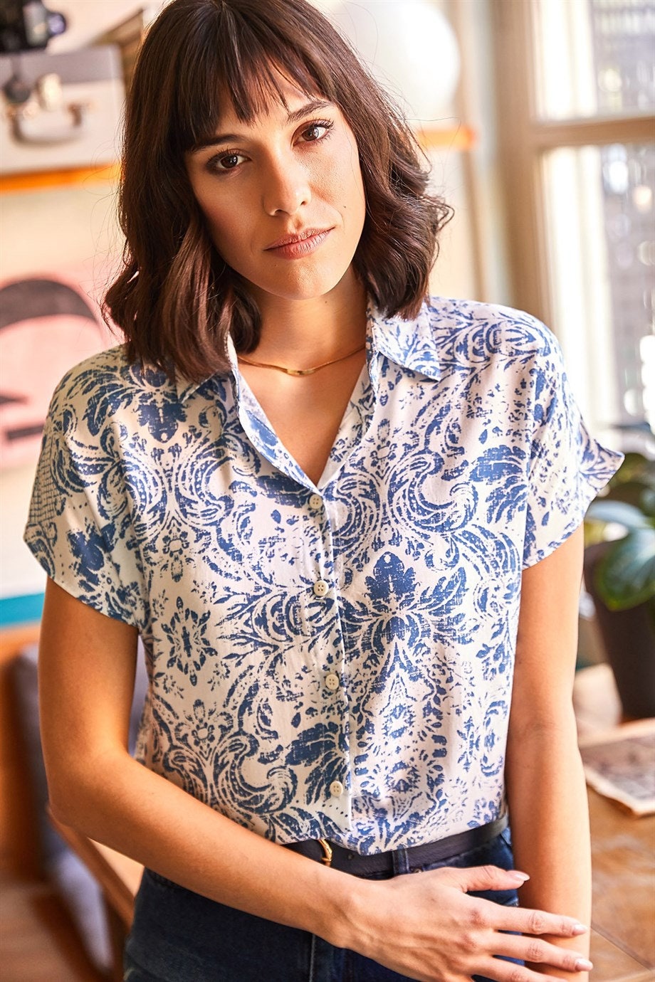 Beverly Blue Floral Short Sleeve Button-Down Shirt