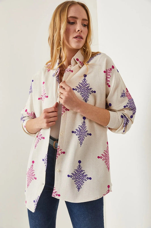 Lola Geometric Print Linen Button Down Shirt