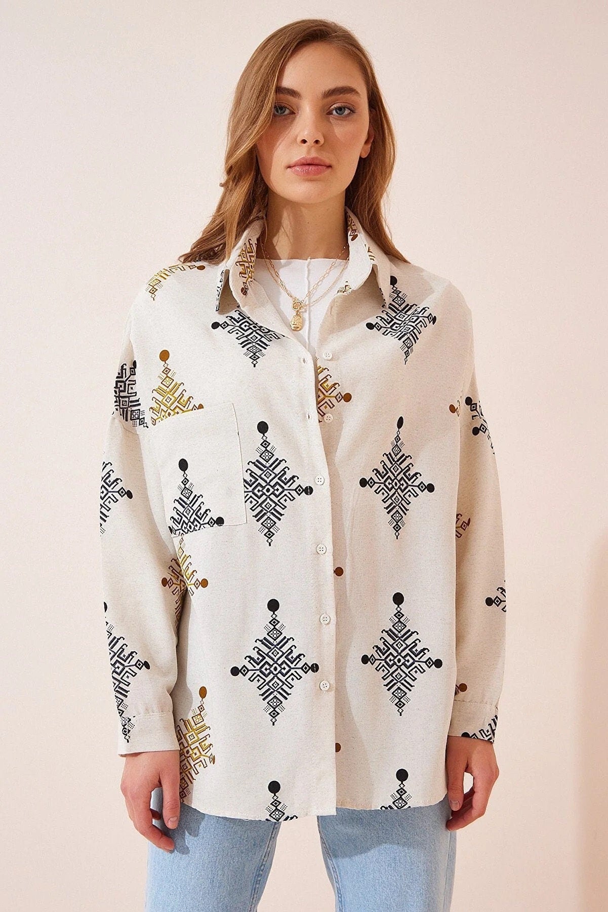 Camisa con botones de lino y estampado geométrico Lola