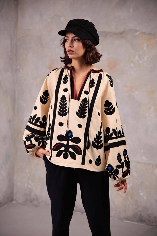 Beige Ethnic Embroidered Cotton Vyshyvanka