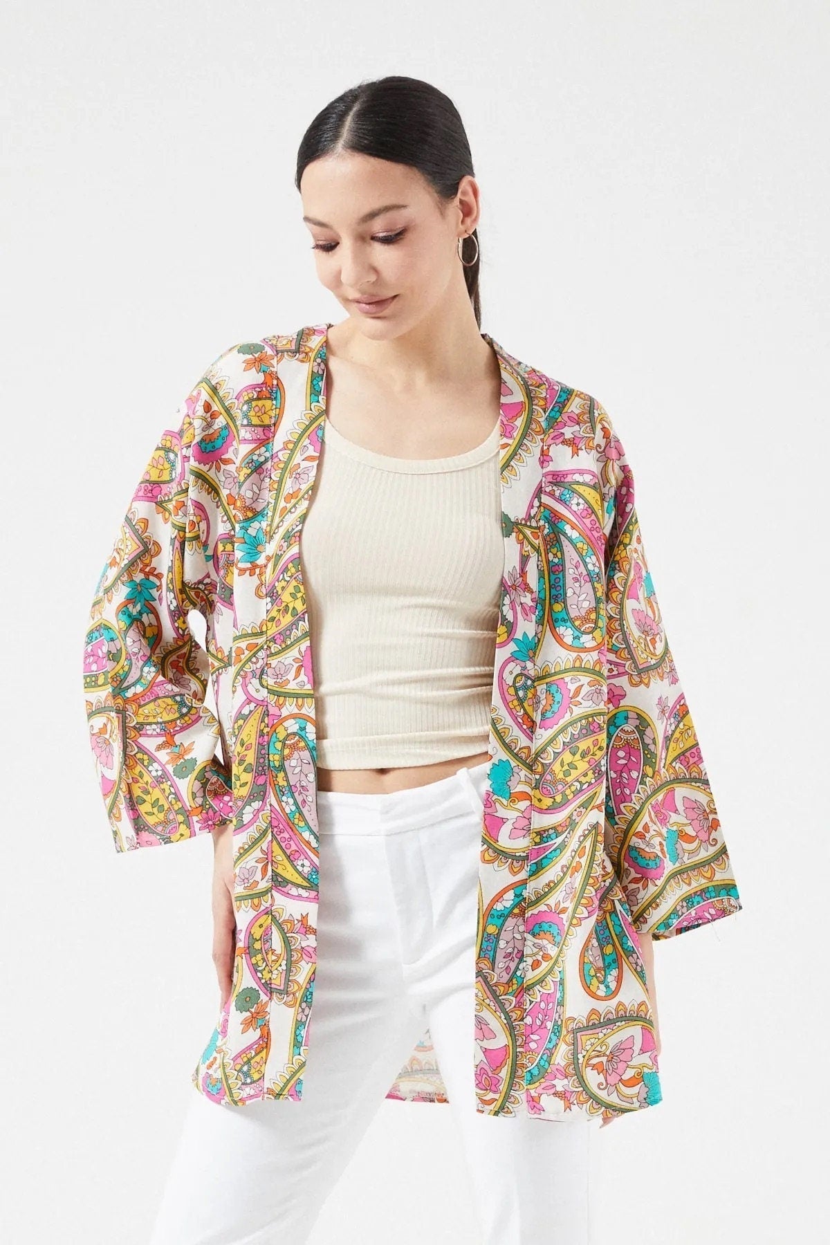 Kimono Patricia étnico colorido de lino