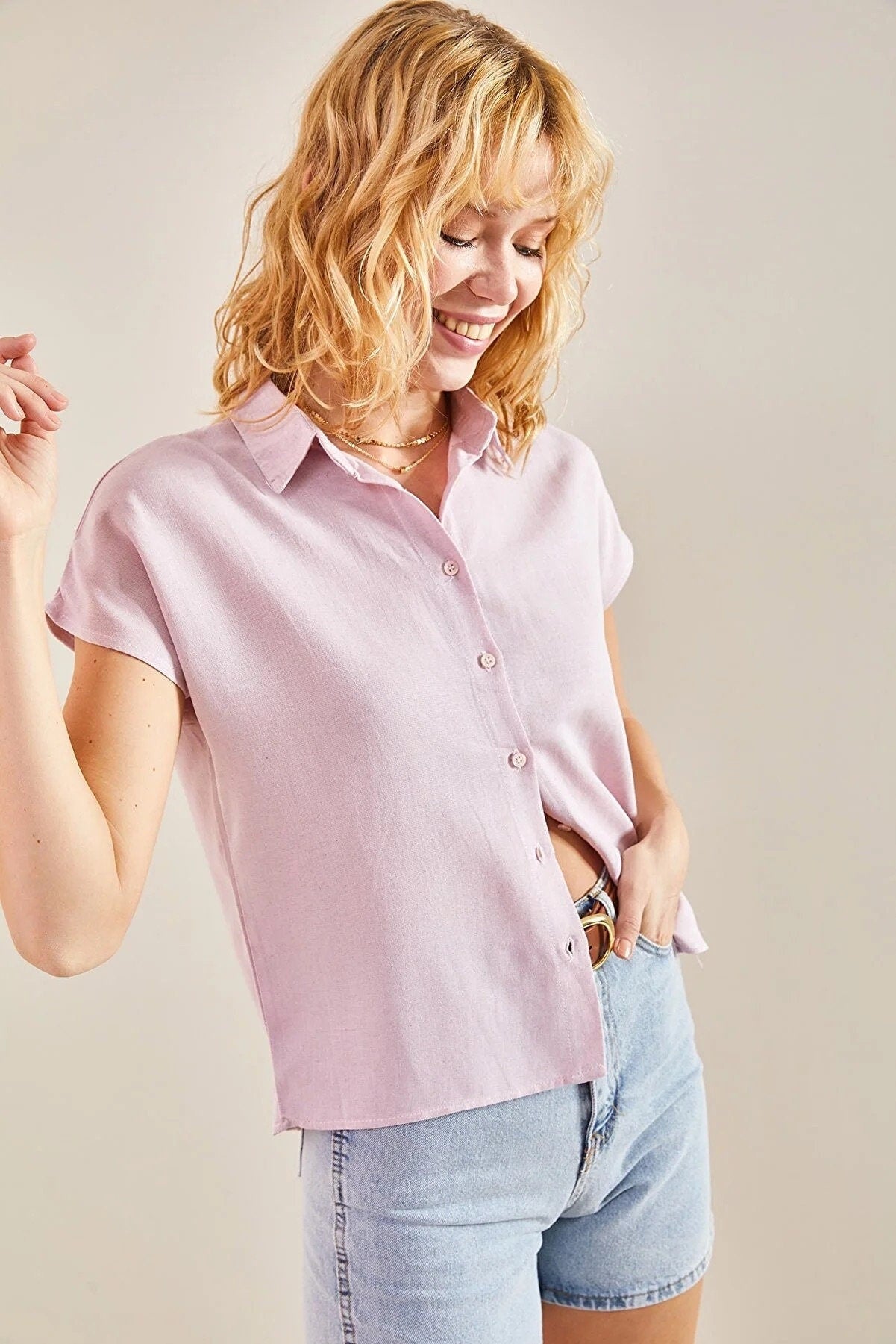 Camila Fuschia Linen Short Sleeve Button-Down Shirt