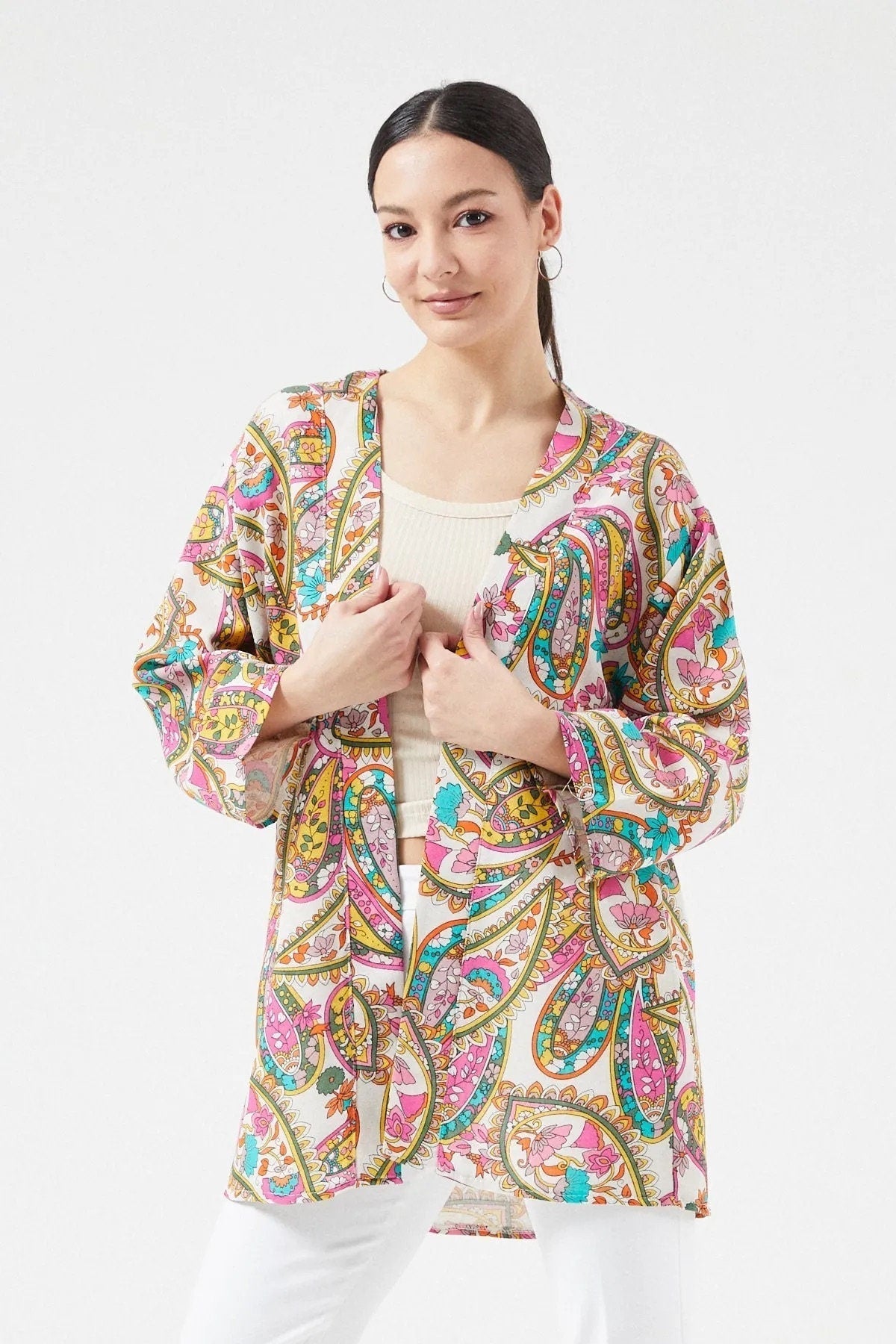Kimono Patricia étnico colorido de lino