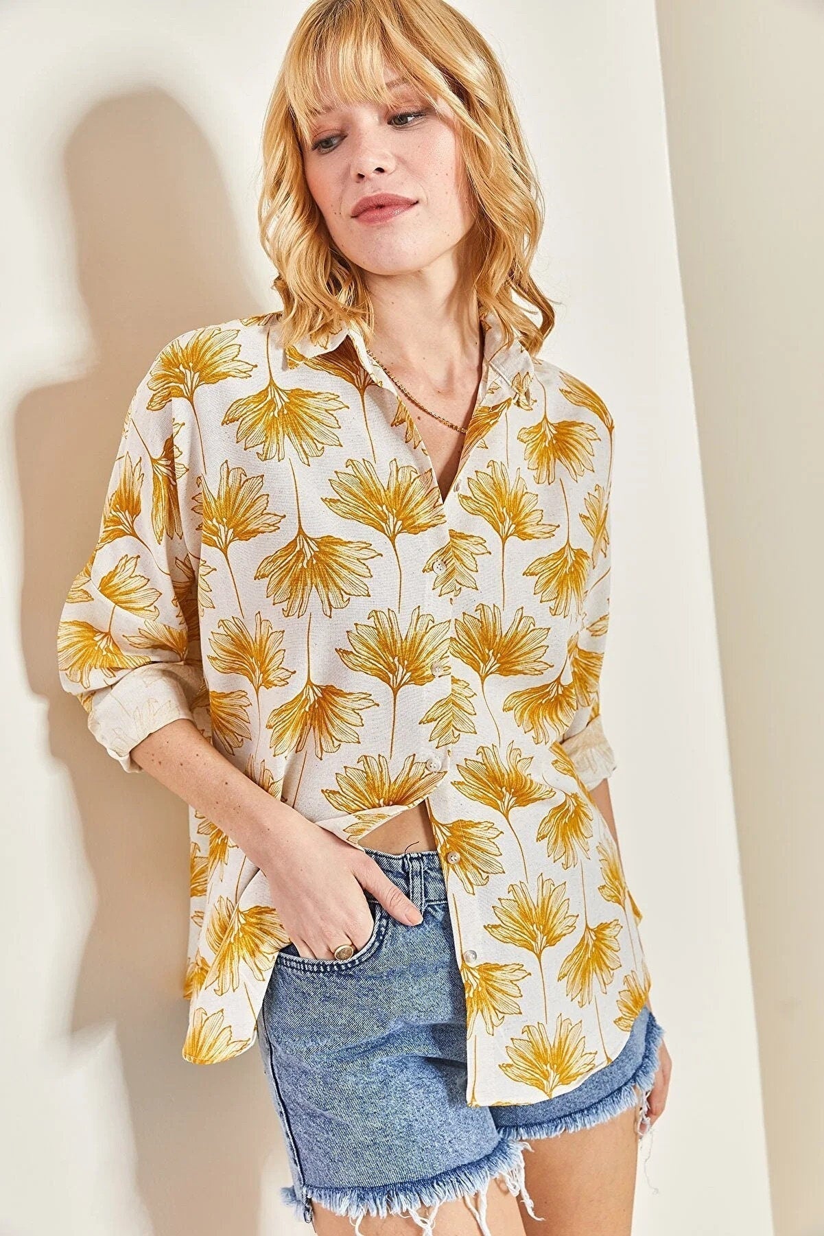 Lola Green Gingko Print Linen Blend Blouse