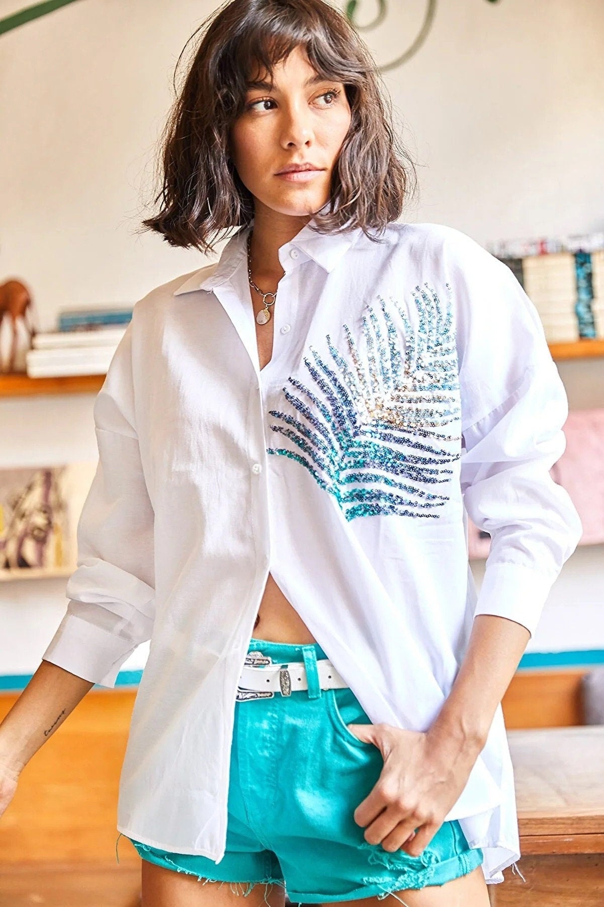 Siyah Palmiye Payetli Oversize Bluz
