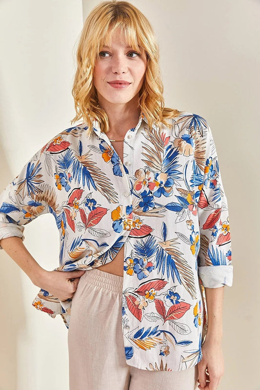 Lola Soft Blue & Pink Floral Linen Blouse