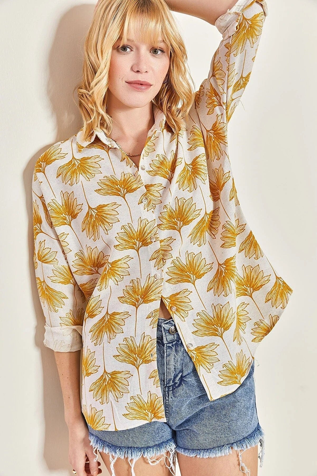 Lola Green Gingko Print Linen Blend Blouse