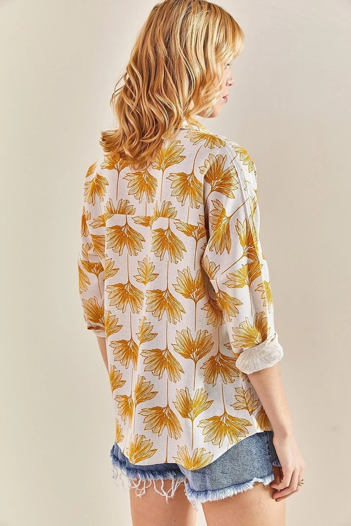 Lola Green Gingko Print Linen Blend Blouse