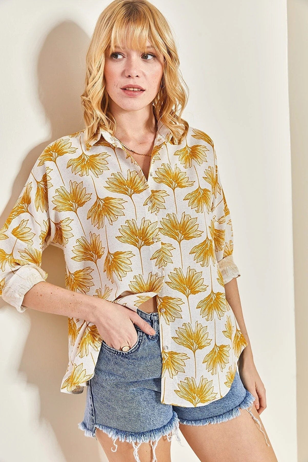 Lola Green Gingko Print Linen Blend Blouse