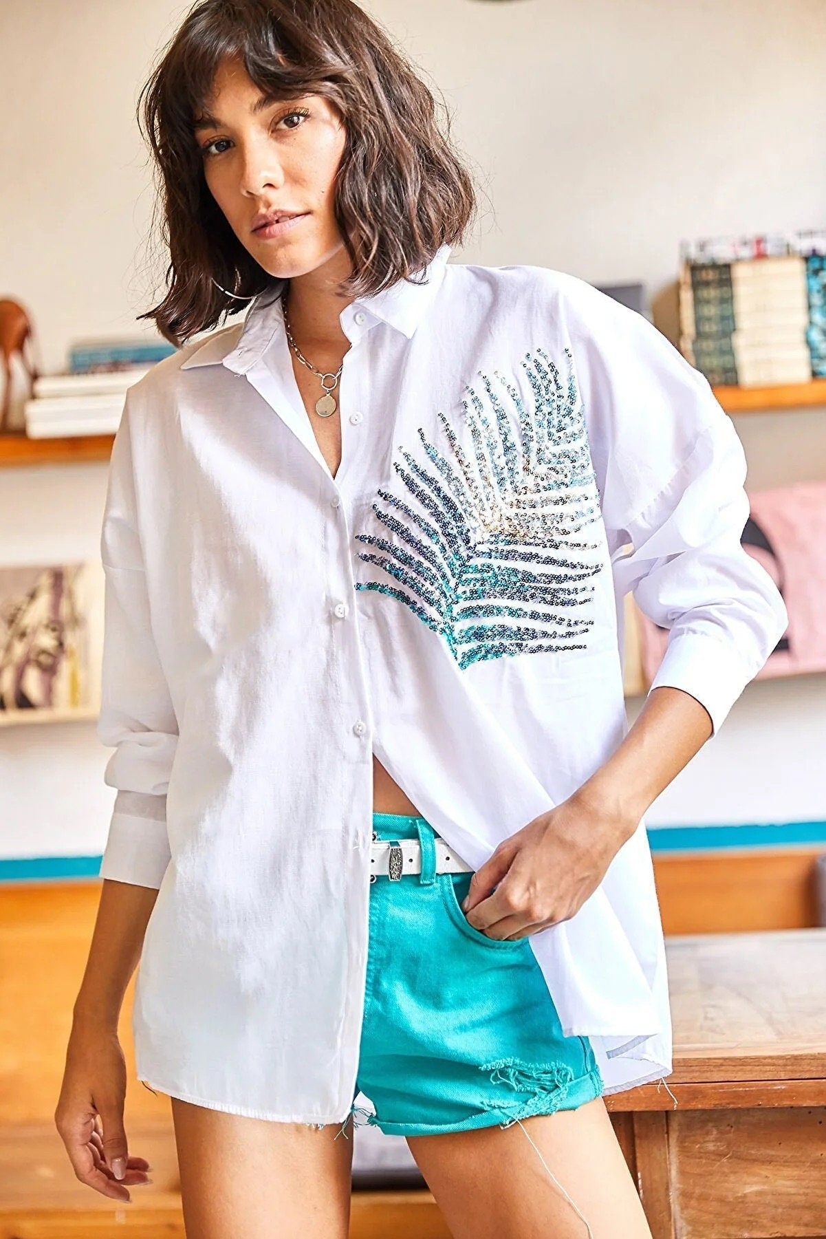 Siyah Palmiye Payetli Oversize Bluz