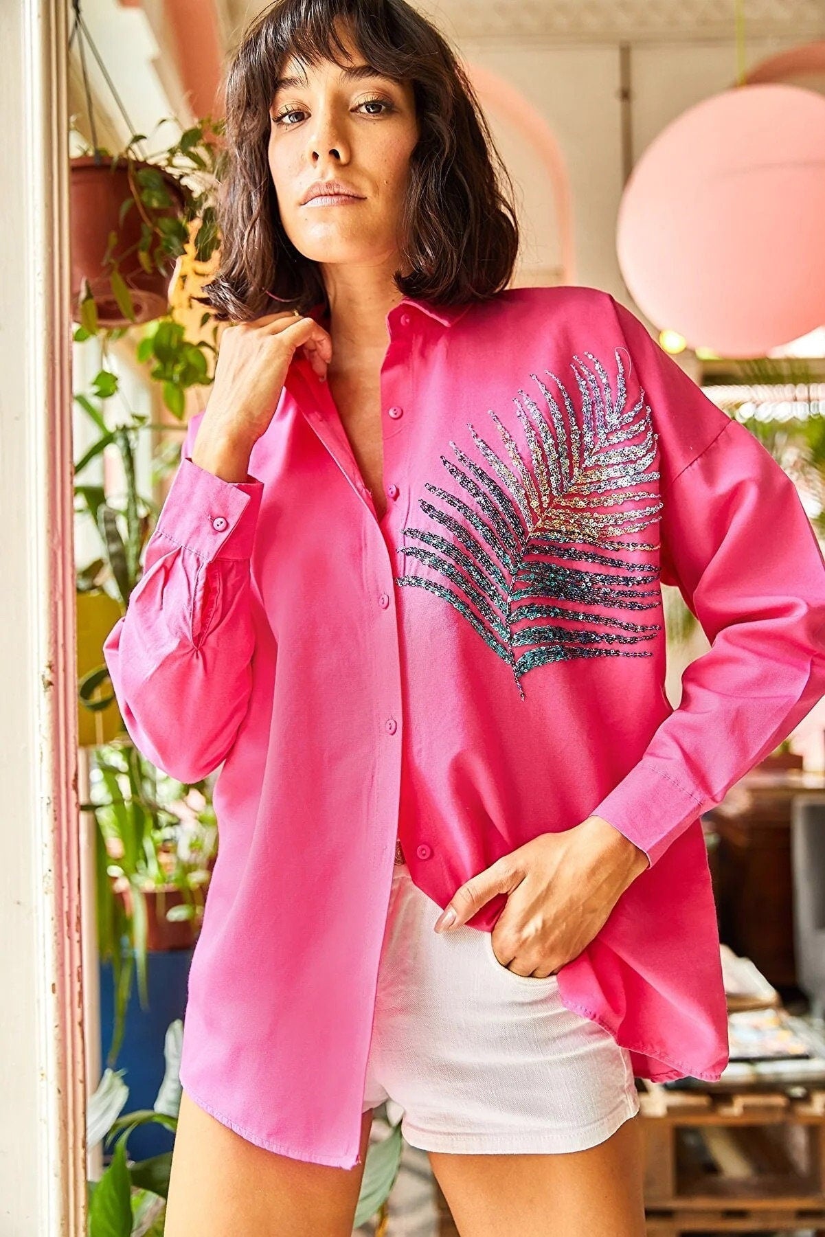 Siyah Palmiye Payetli Oversize Bluz