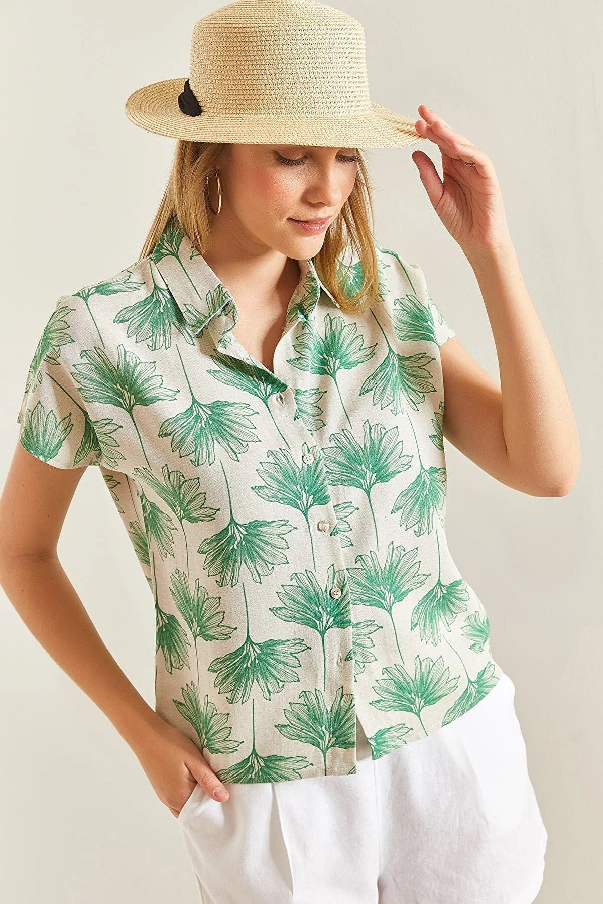 Camila Green Gingko Print Linen Blouse