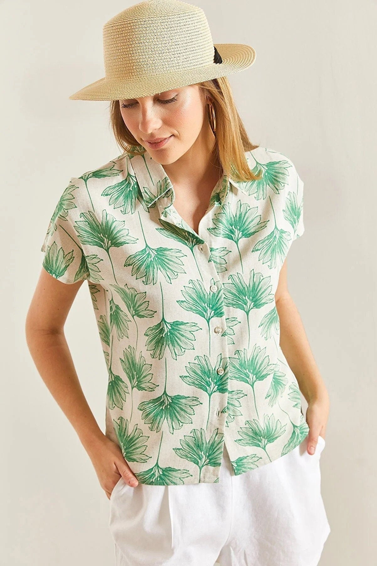 Camila Green Gingko Print Linen Blouse