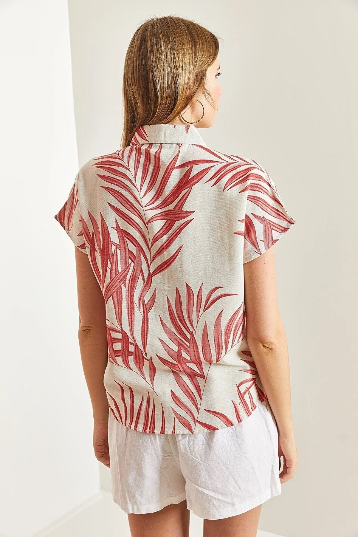 Red Leaves Print Short Sleeve Button Down Shirt