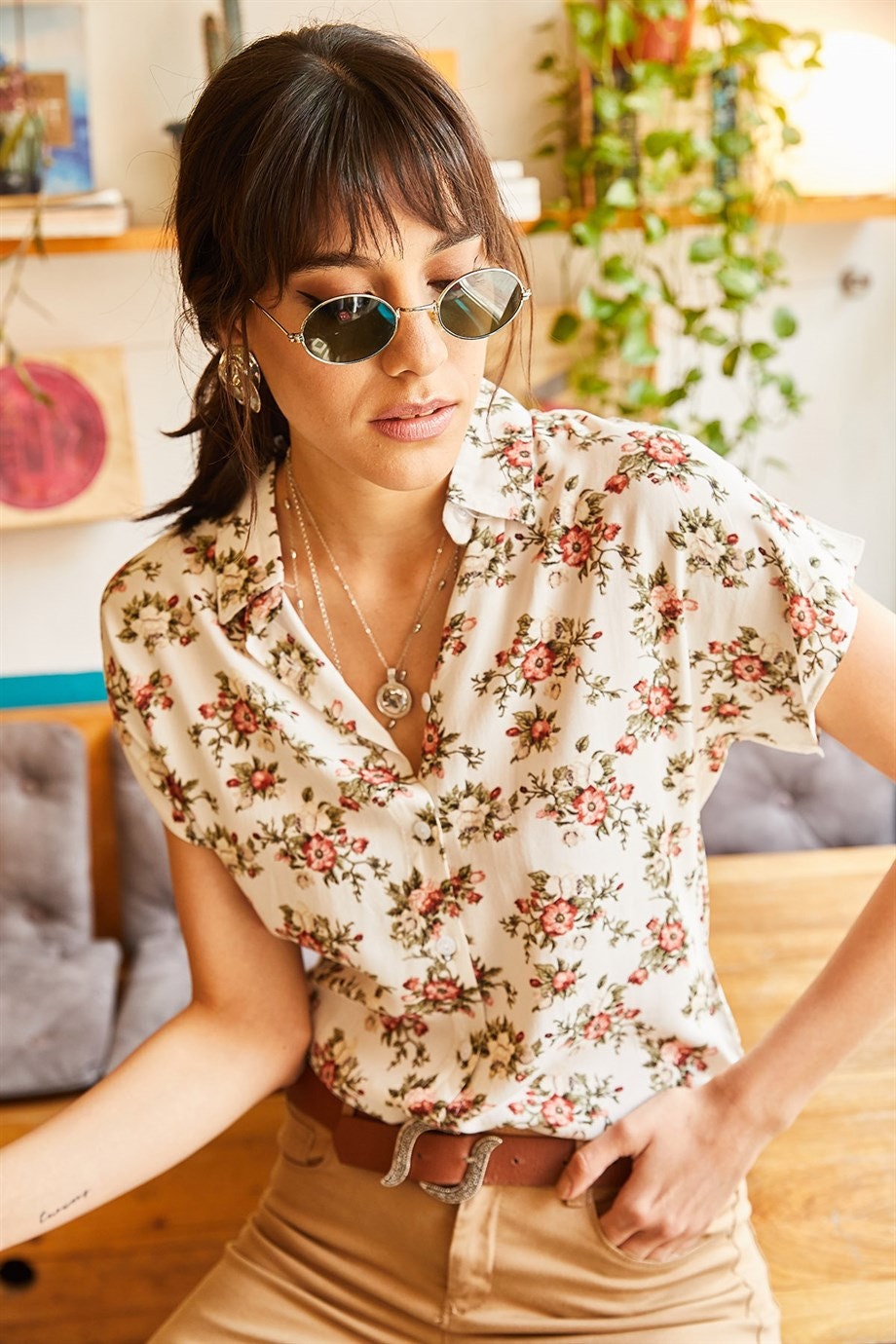 Beverly Soft Orange Floral Short Sleeve Button Down Blouse