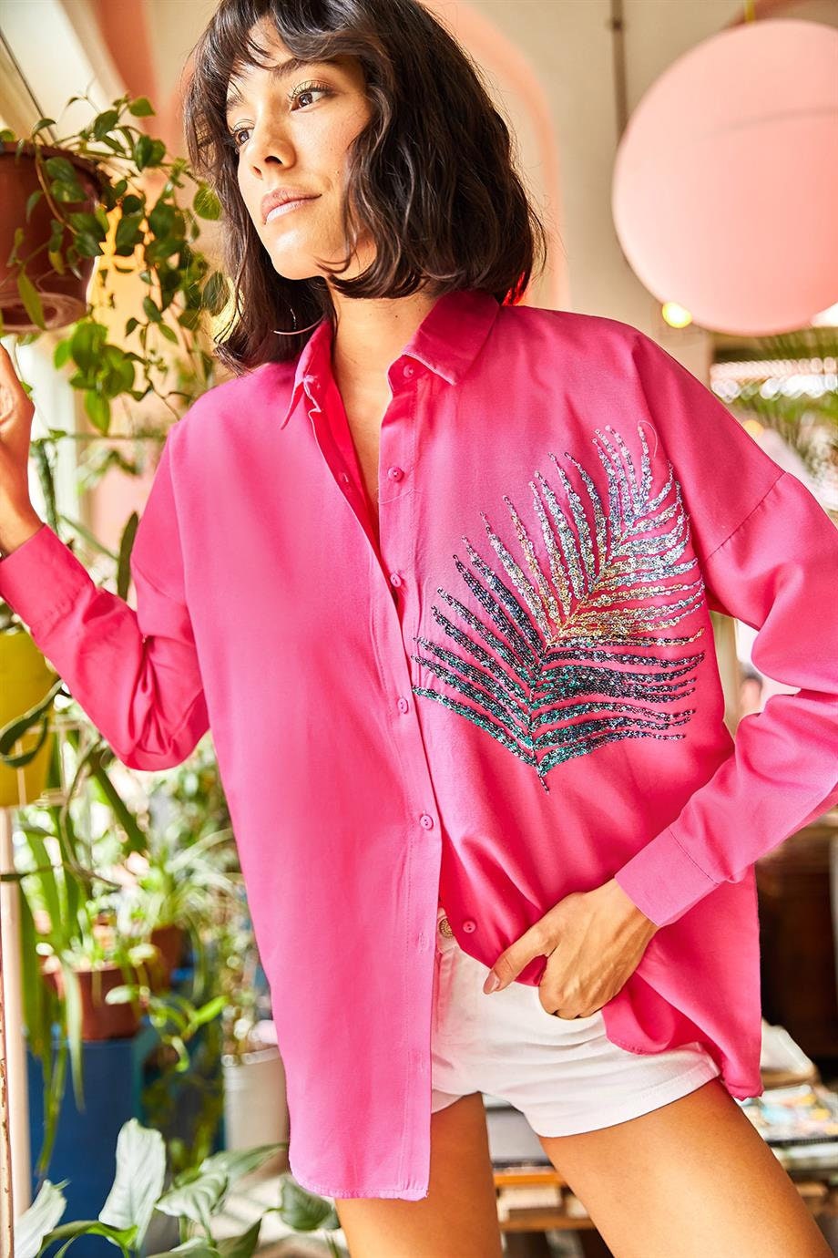 Siyah Palmiye Payetli Oversize Bluz