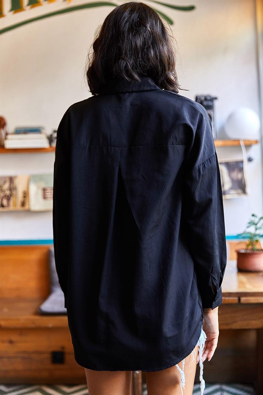 Siyah Palmiye Payetli Oversize Bluz