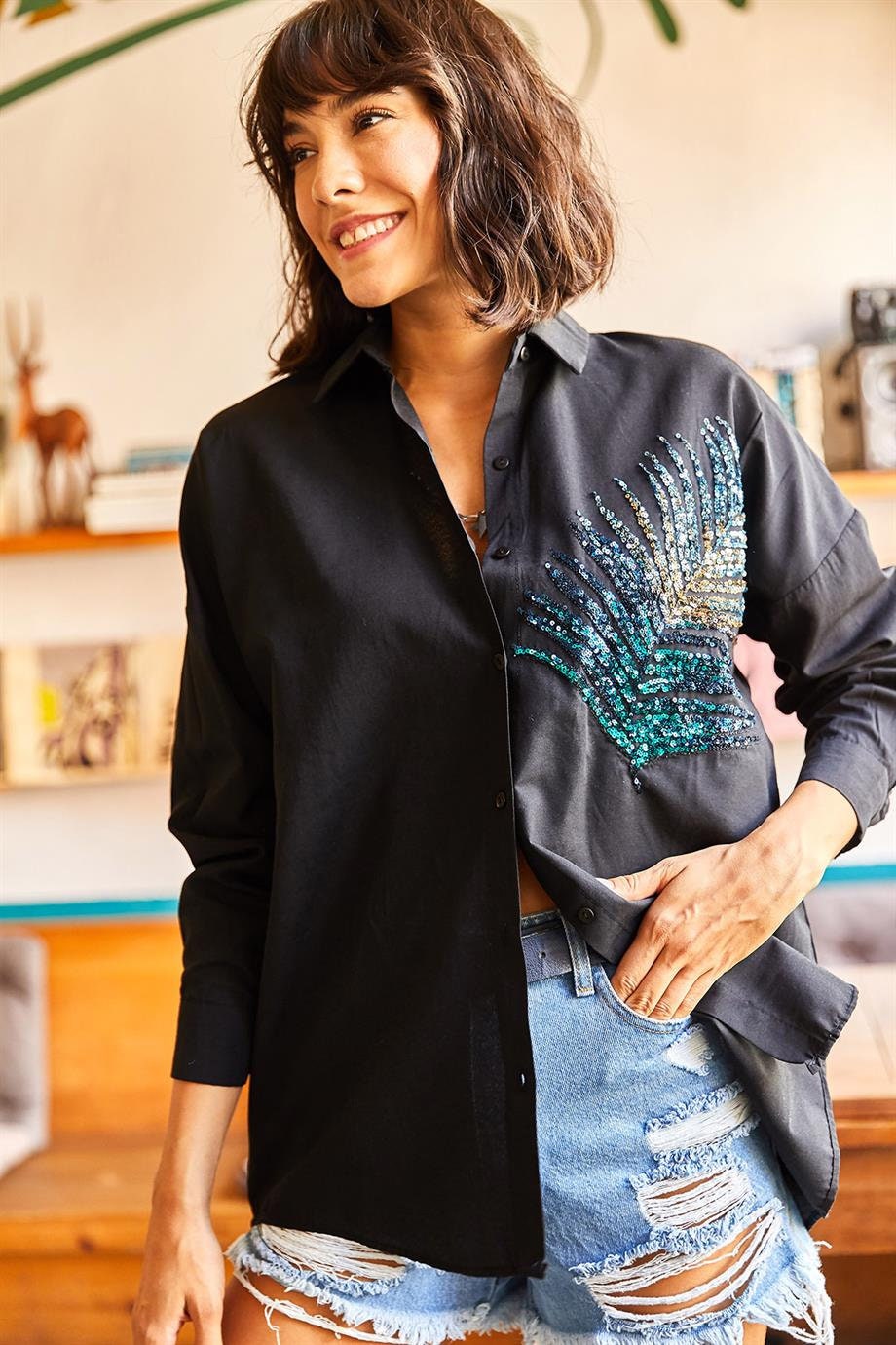 Siyah Palmiye Payetli Oversize Bluz