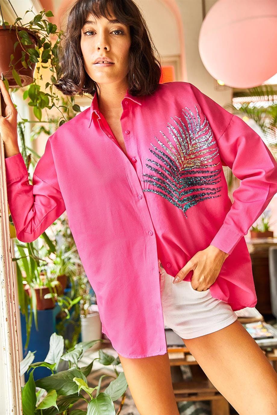 Siyah Palmiye Payetli Oversize Bluz