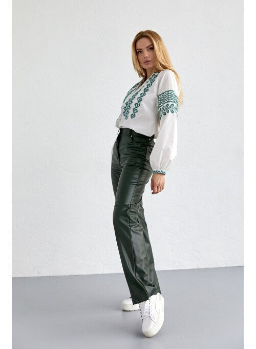 Camisa Ucraniana Blanca de Algodón Bordada en Verde