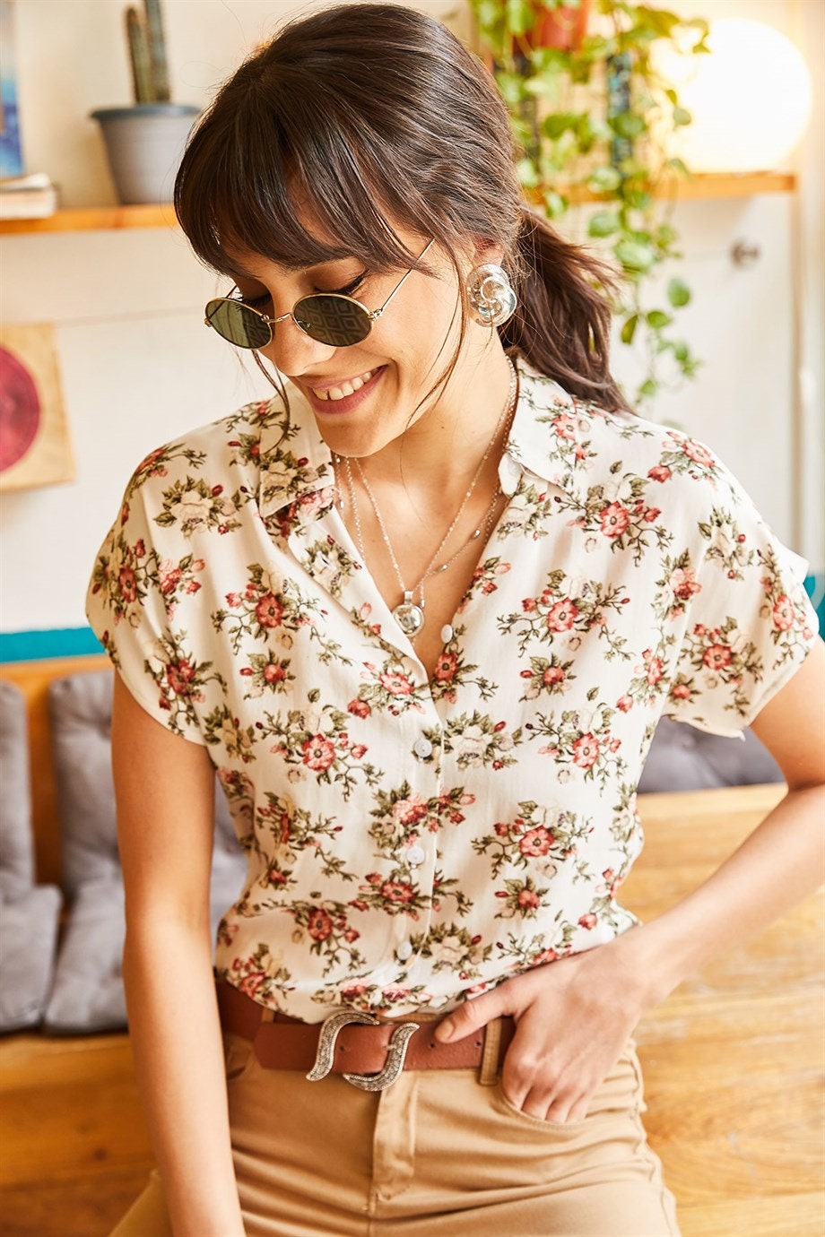 Beverly Soft Orange Floral Short Sleeve Button Down Blouse